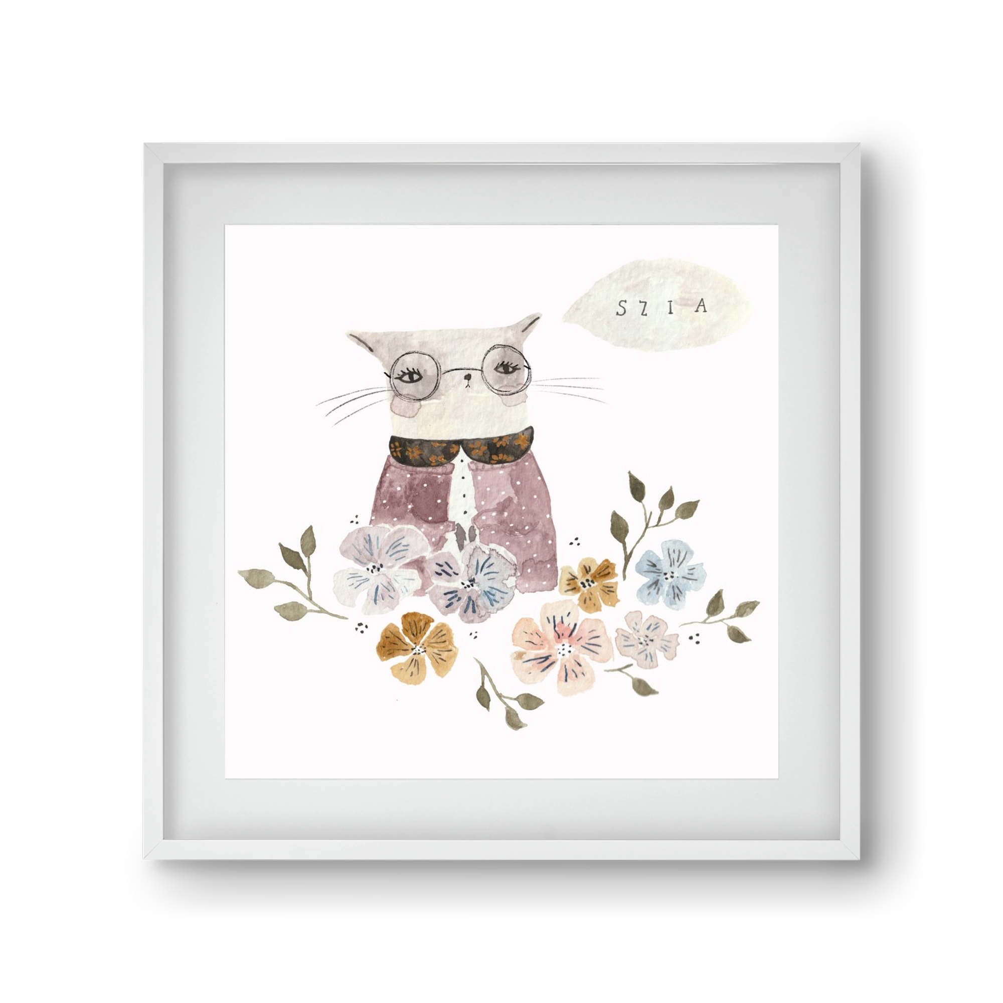 Cica virágok közt, 30x30 cm (20x20 cm), Fehér keret, paszpartuval