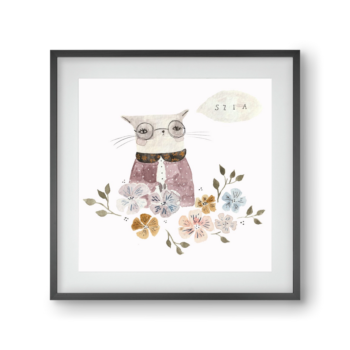 Cica virágok közt, 30x30 cm (20x20 cm), Fekete keret, paszpartuval