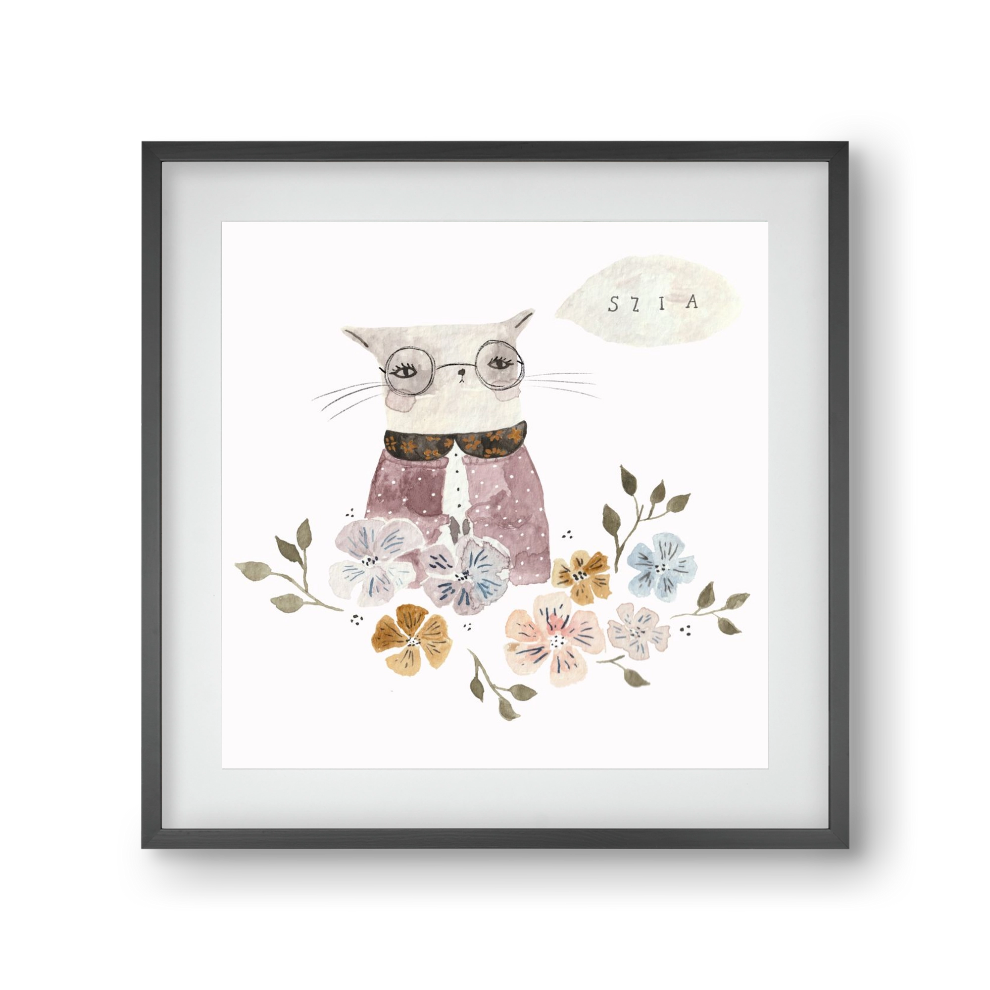 Cica virágok közt, 30x30 cm (20x20 cm), Fekete keret, paszpartuval
