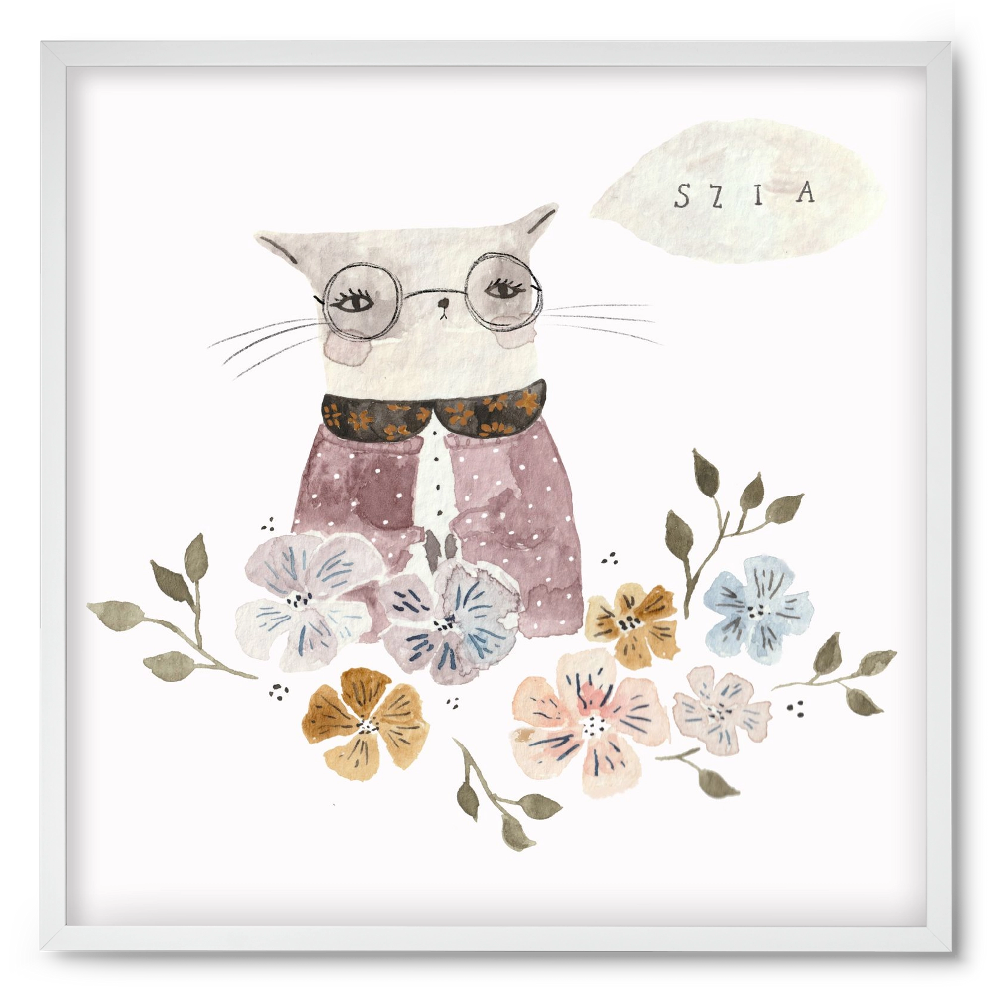 Cica virágok közt, 50x50 cm (50x50 cm), Fehér keret