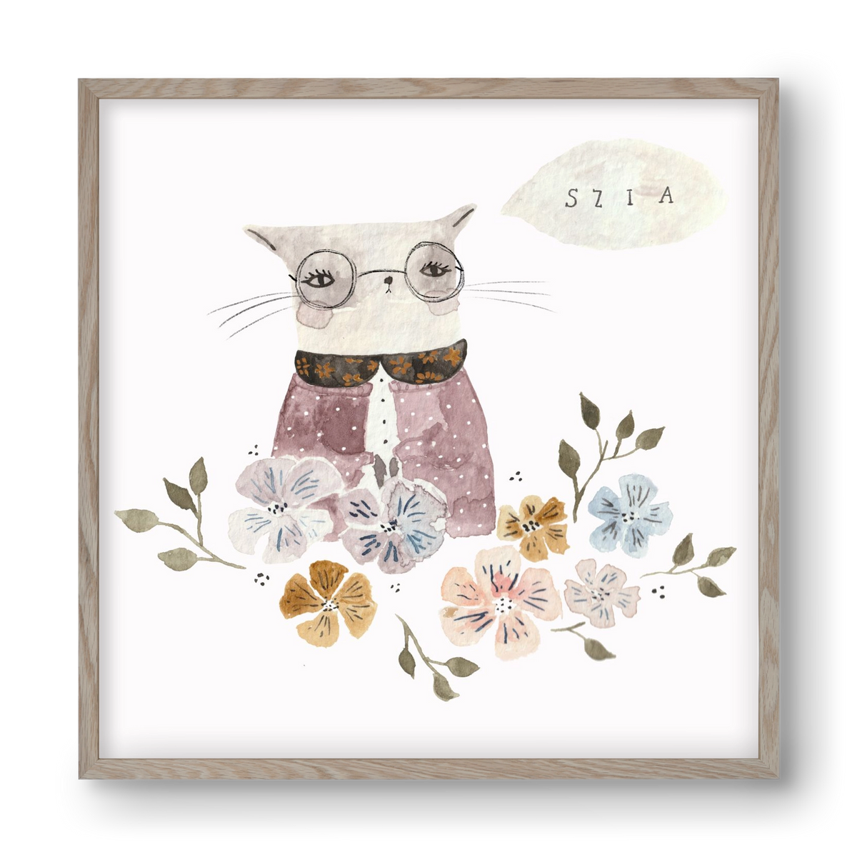 Cica virágok közt, 40x40 cm (40x40 cm), Tölgy keret