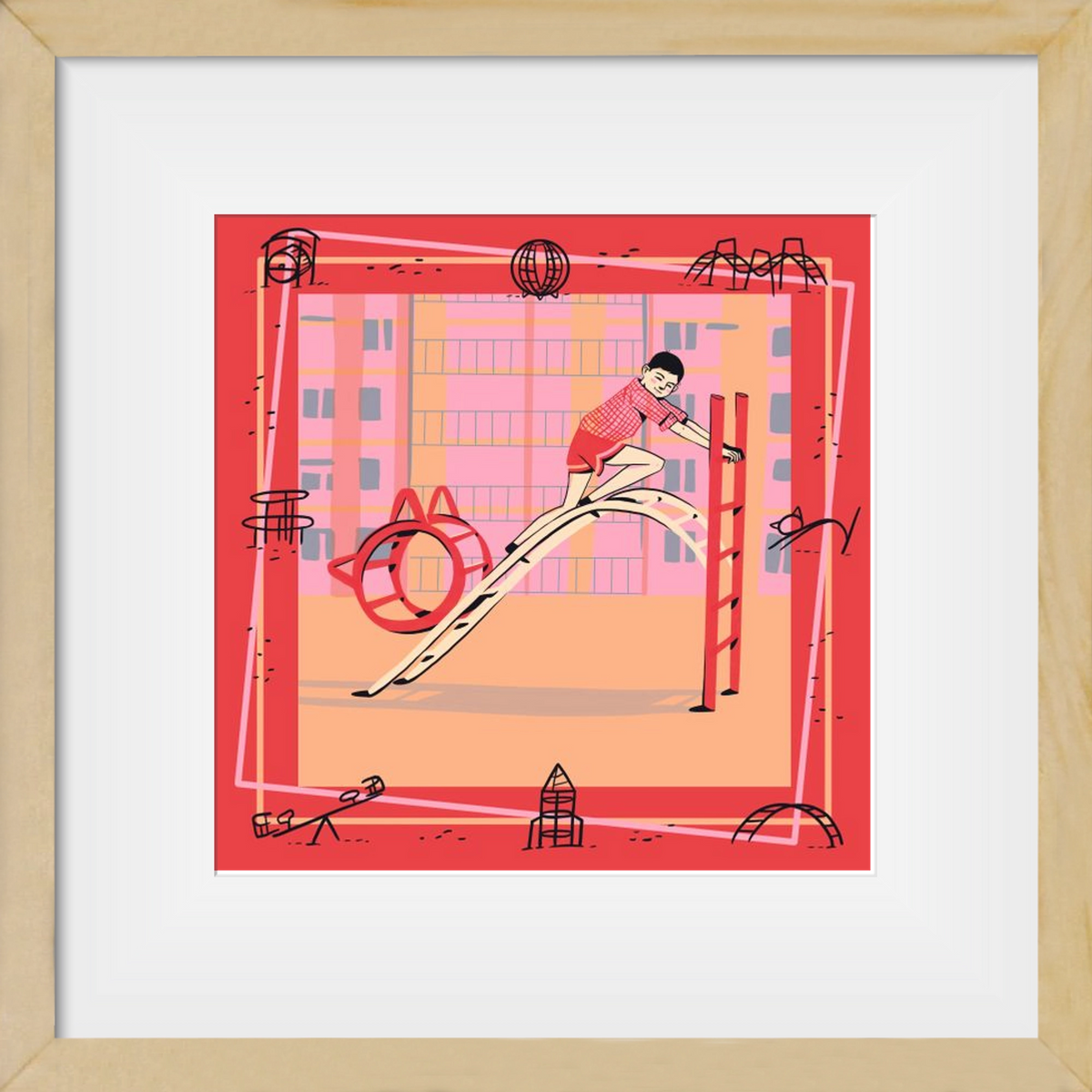 Retro játszótér, 30x30 cm (20x20 cm), Tölgy keret, paszpartuval