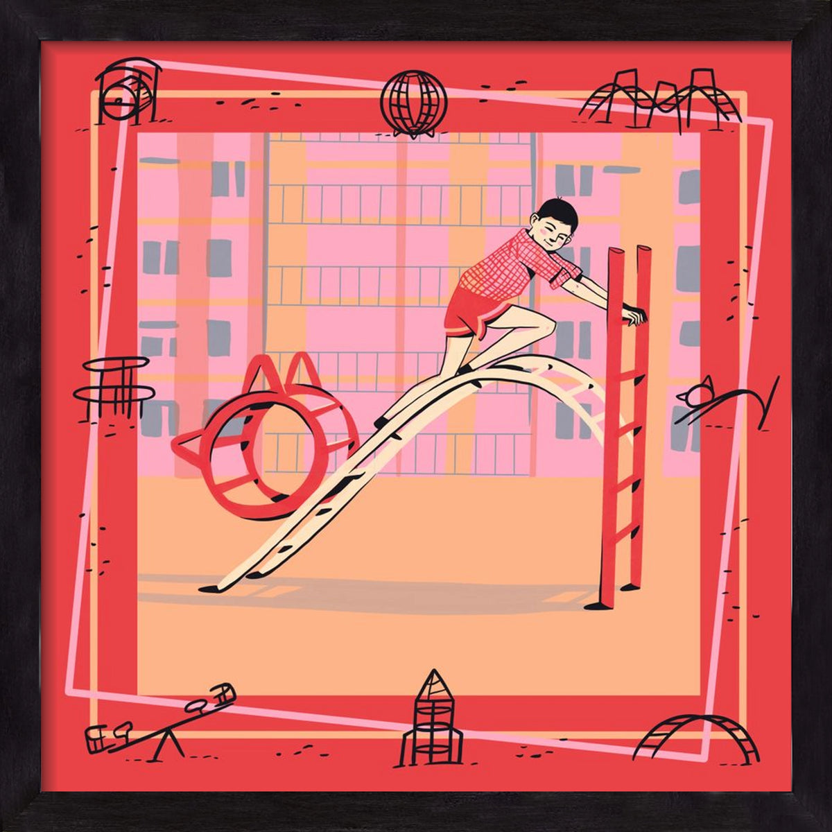 Retro játszótér, 40x40 cm (40x40 cm), Fekete keret