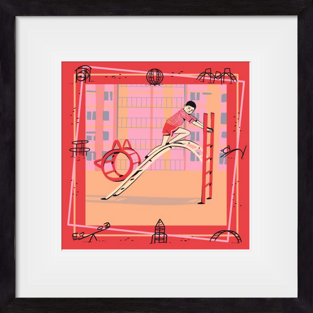 Retro játszótér, 30x30 cm (20x20 cm), Fekete keret, paszpartuval