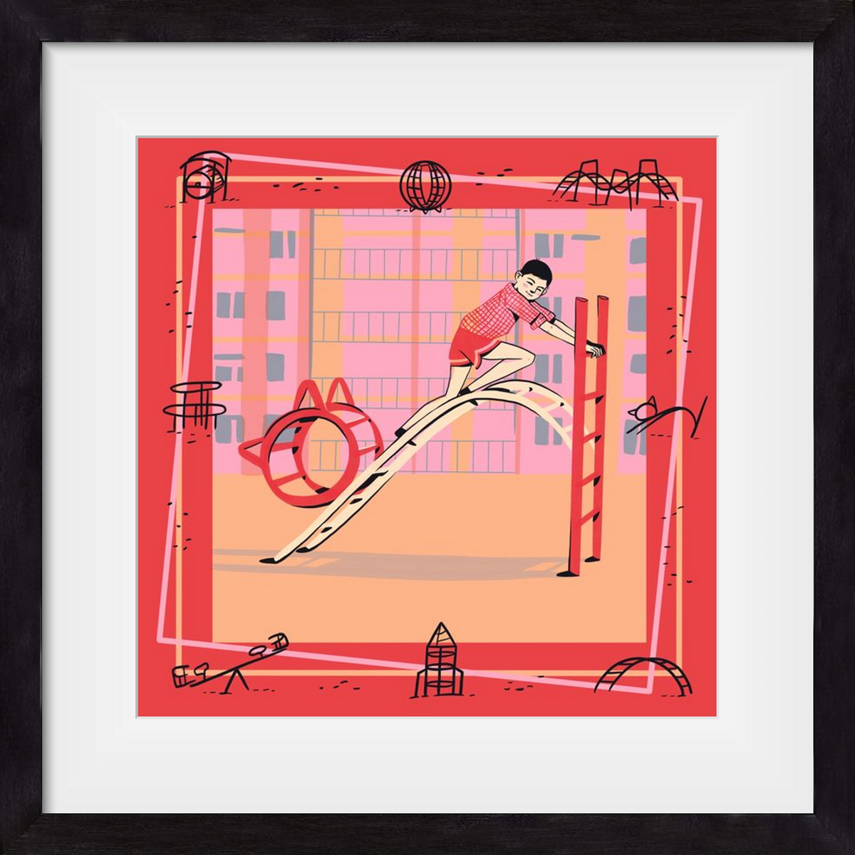 Retro játszótér, 50x50 cm (40x40 cm), Fekete keret, paszpartuval