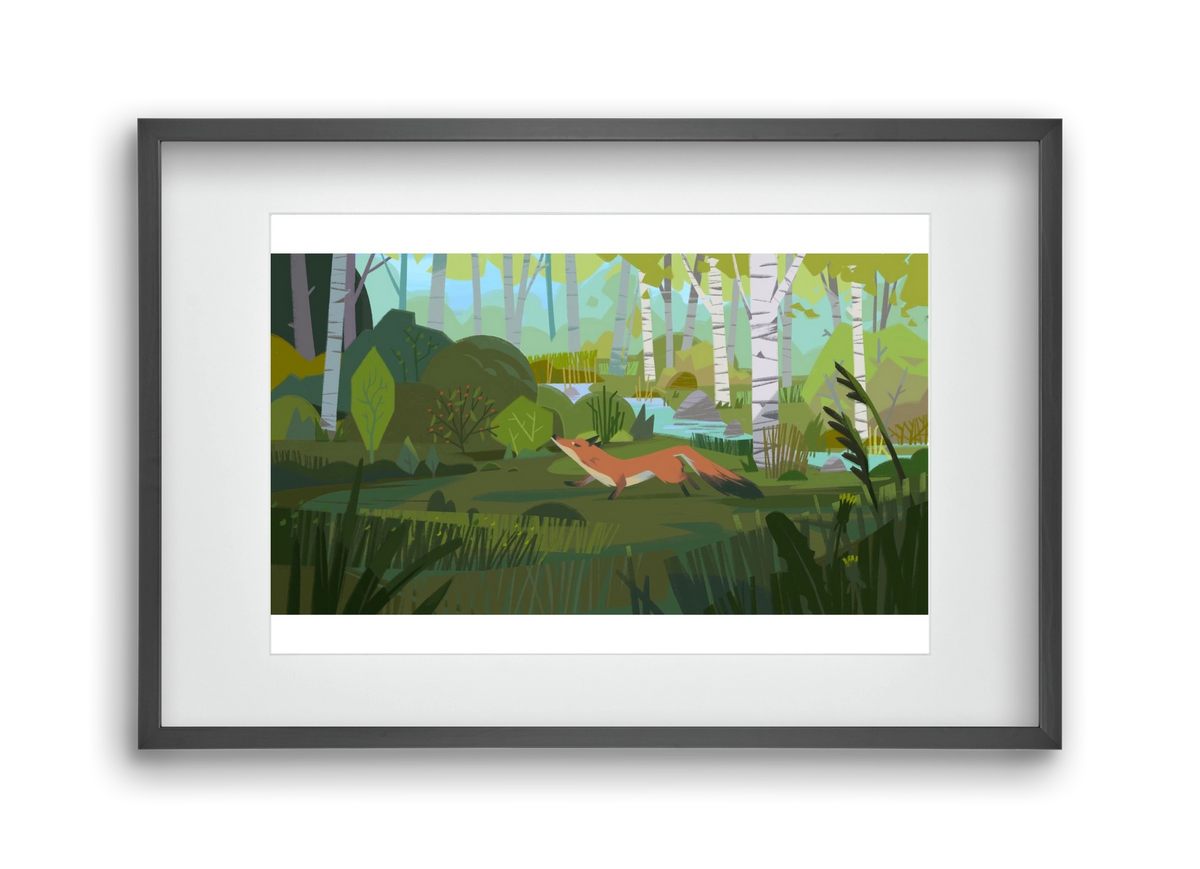 Fox in the forest, 45x30 cm (30x20 cm), Fekete keret, paszpartuval