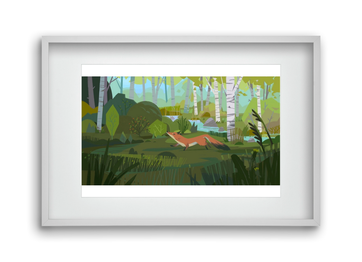 Fox in the forest, 45x30 cm (30x20 cm), Fehér keret, paszpartuval
