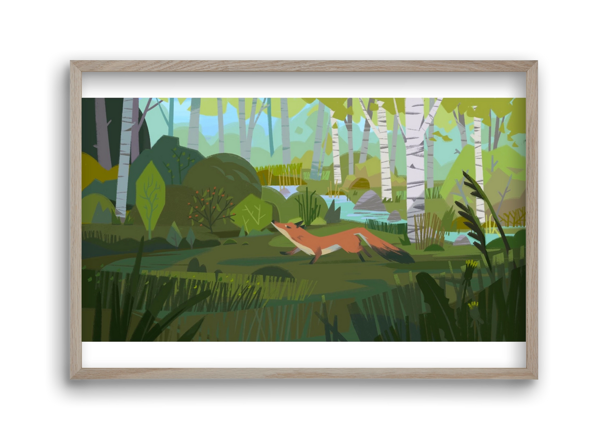 Fox in the forest, 45x30 cm (45x30 cm), Tölgy keret