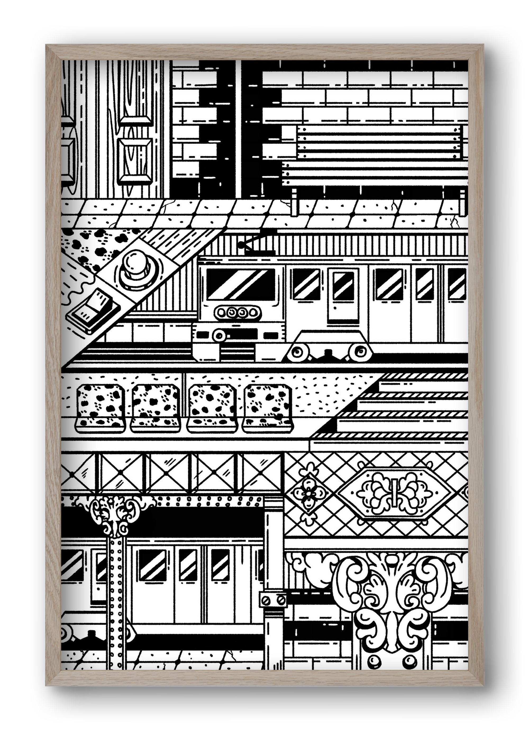 Kisföldalatti fekete fehér, 40x60 cm (40x60 cm), Tölgy keret