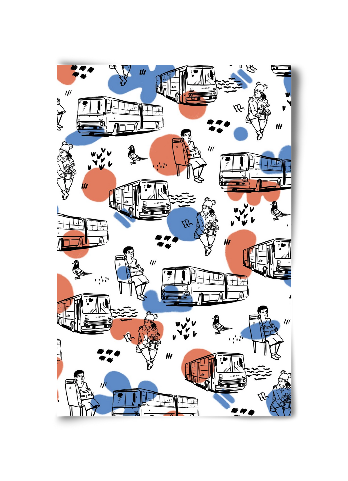 Busz pattern kék-piros, 30x45 cm, Keret nélkül