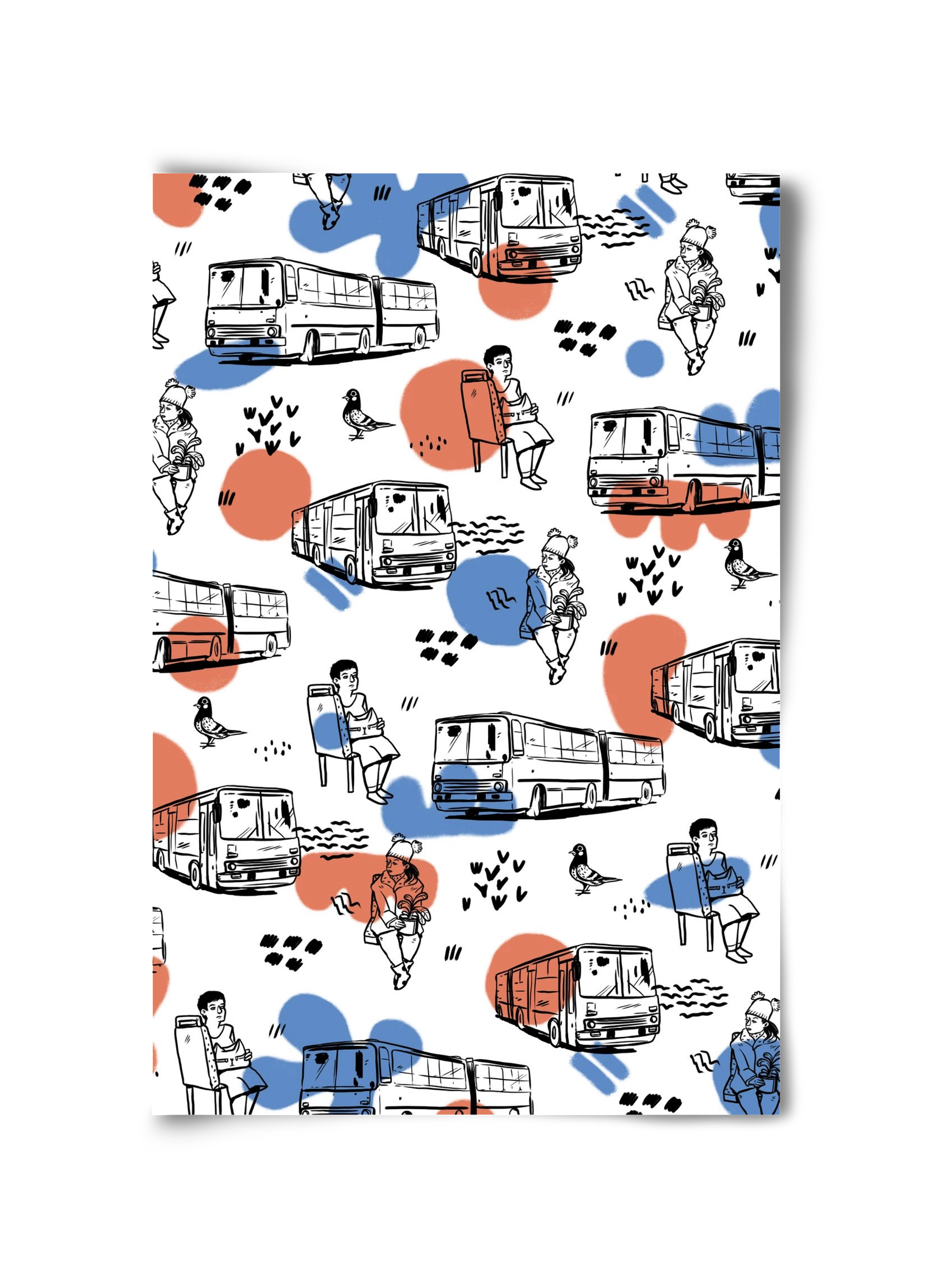 Busz pattern kék-piros, 30x45 cm, Keret nélkül