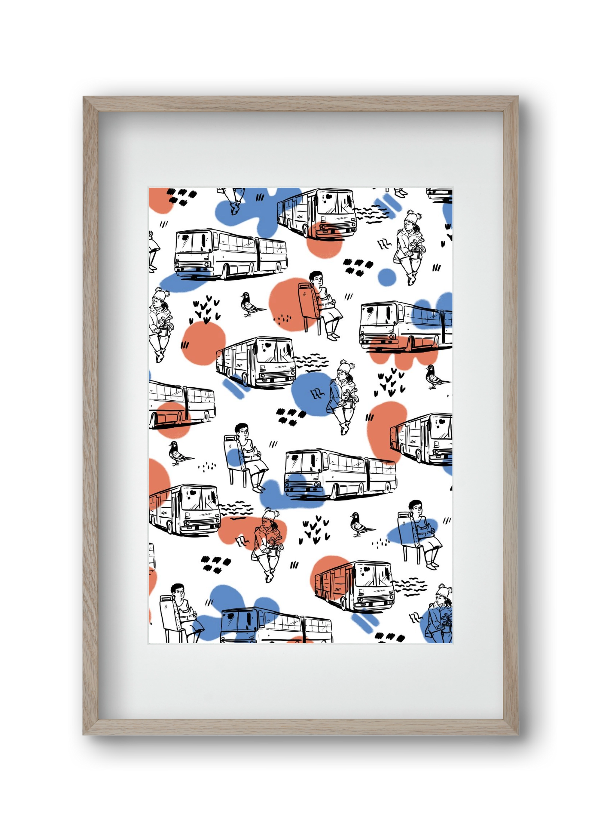 Busz pattern kék-piros, 30x45 cm (20x30 cm), Tölgy keret, paszpartuval