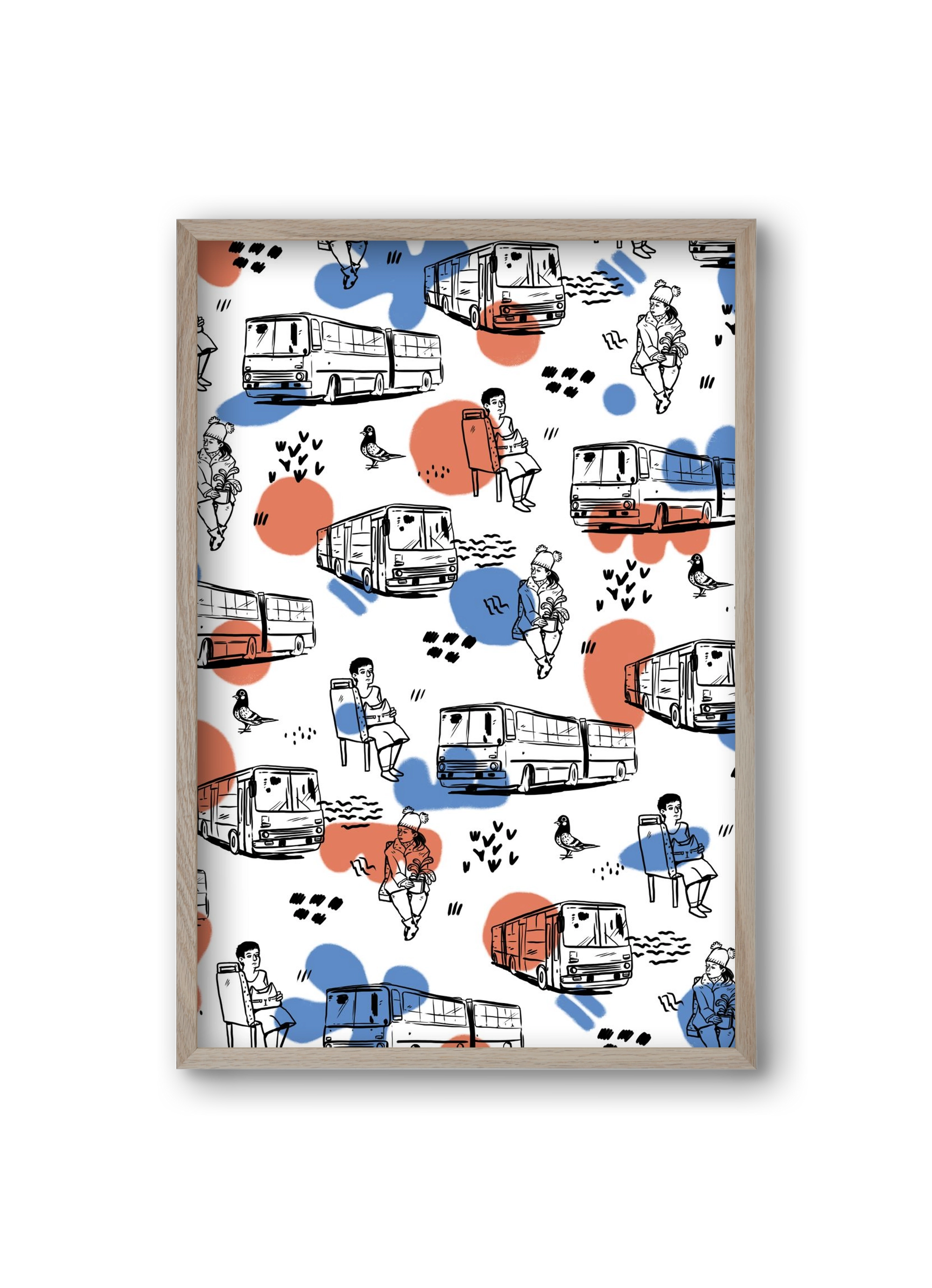 Busz pattern kék-piros, 20x30 cm (20x30 cm), Tölgy keret