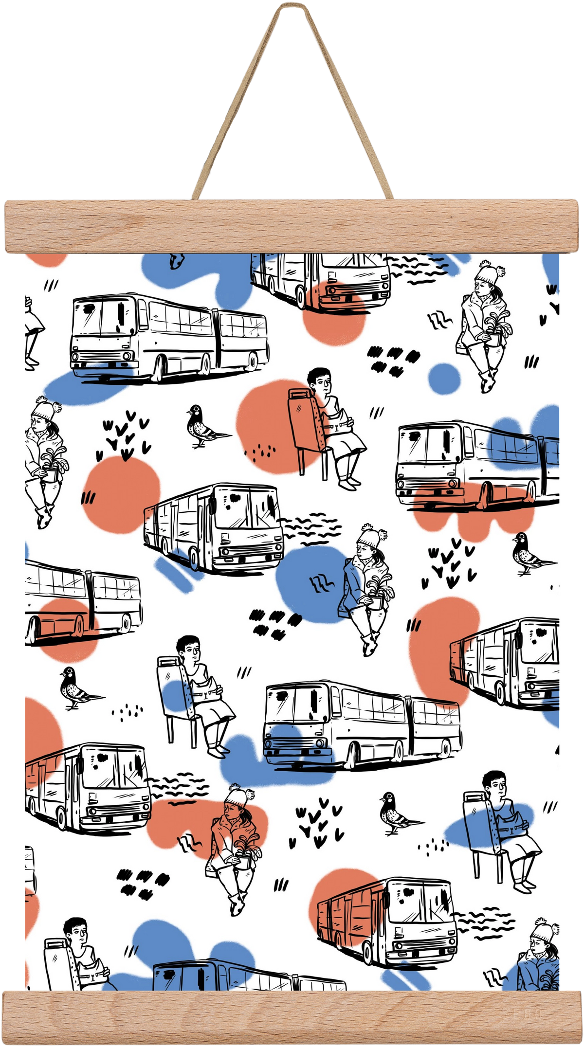 Busz pattern kék-piros, 20x30 cm (20x30 cm), Tölgy akasztó