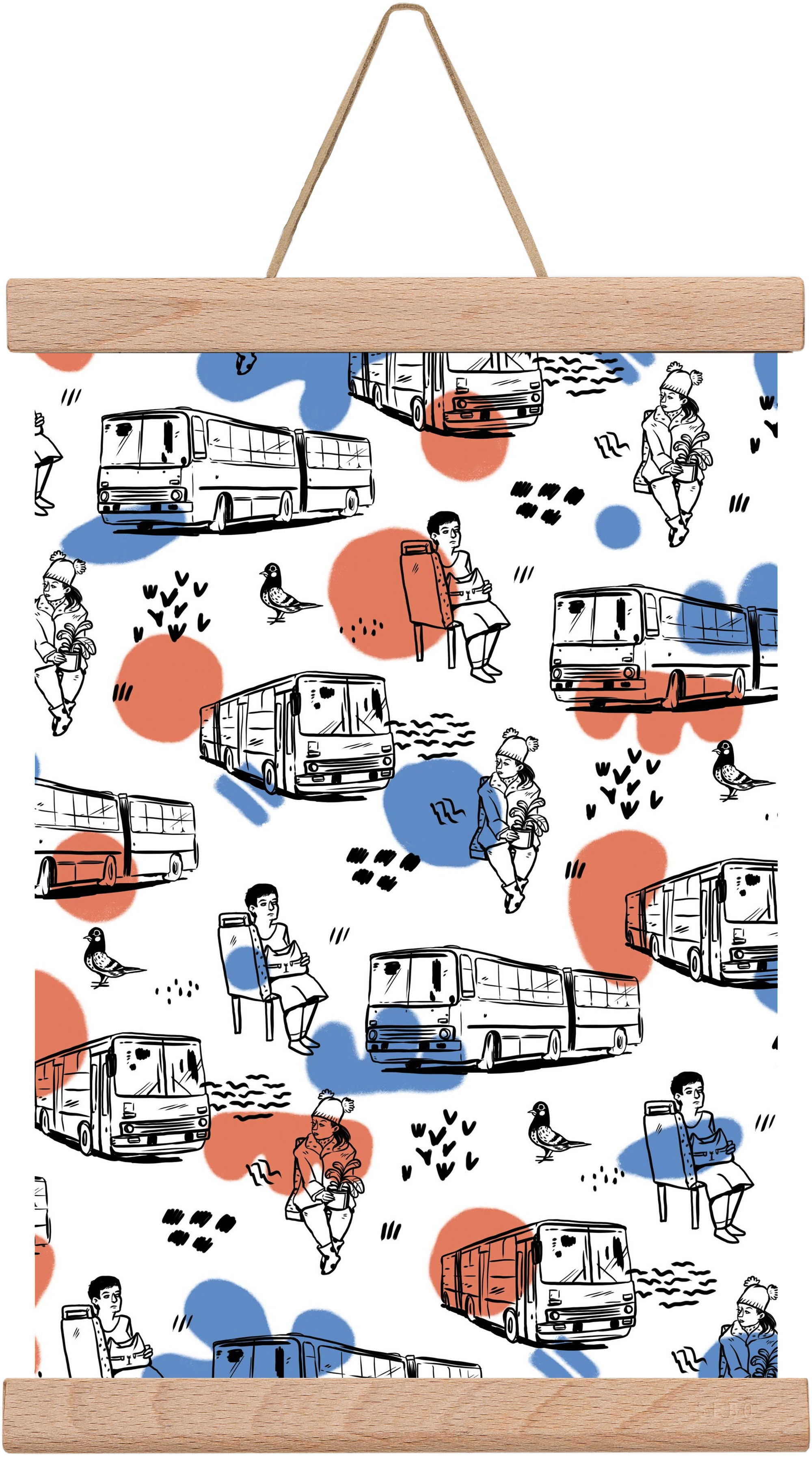 Busz pattern kék-piros, 20x30 cm (20x30 cm), Tölgy akasztó