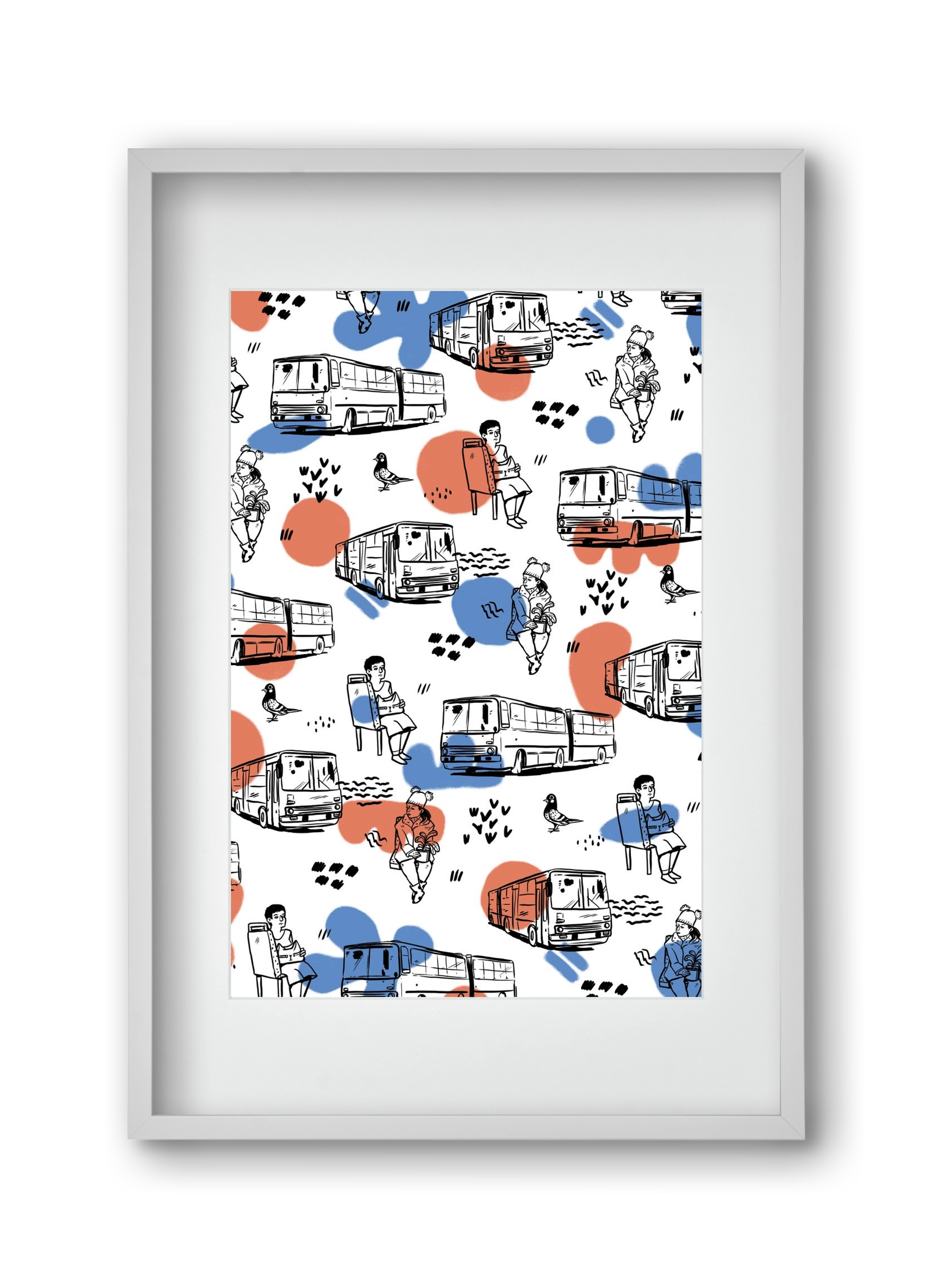 Busz pattern kék-piros, 30x45 cm (20x30 cm), Fehér keret, paszpartuval