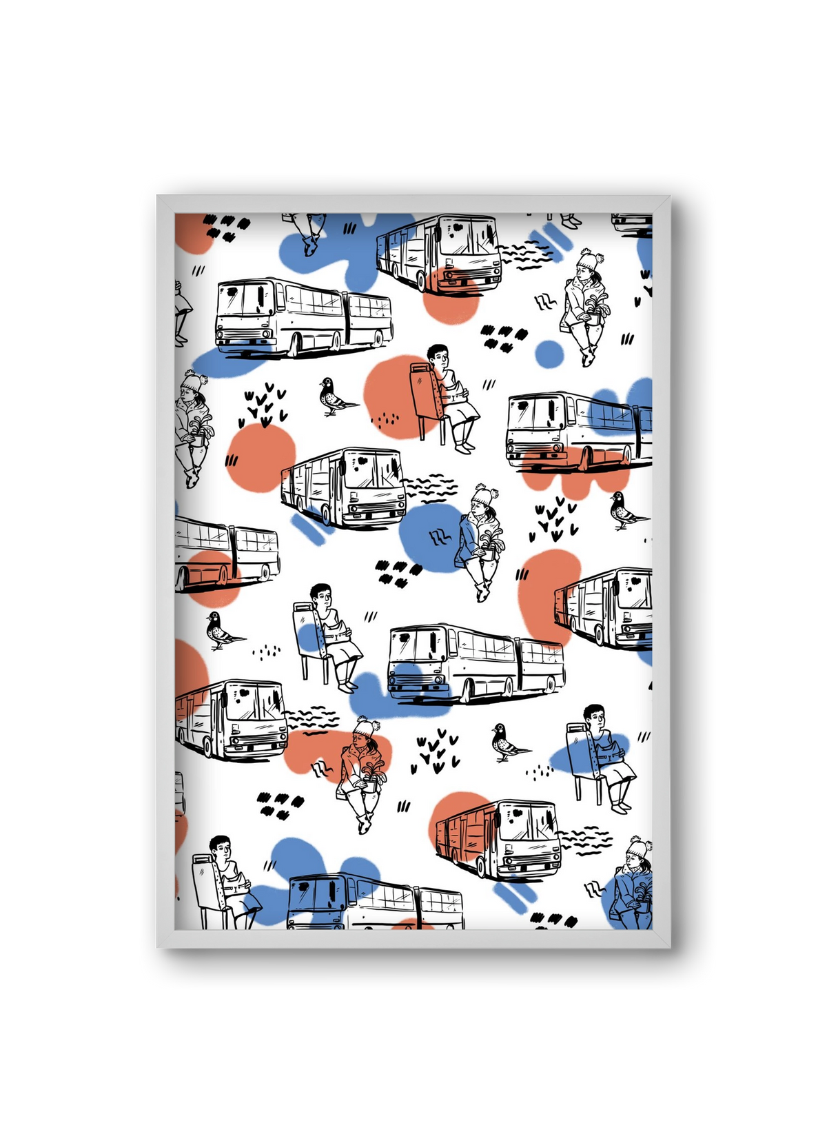 Busz pattern kék-piros, 20x30 cm (20x30 cm), Fehér keret