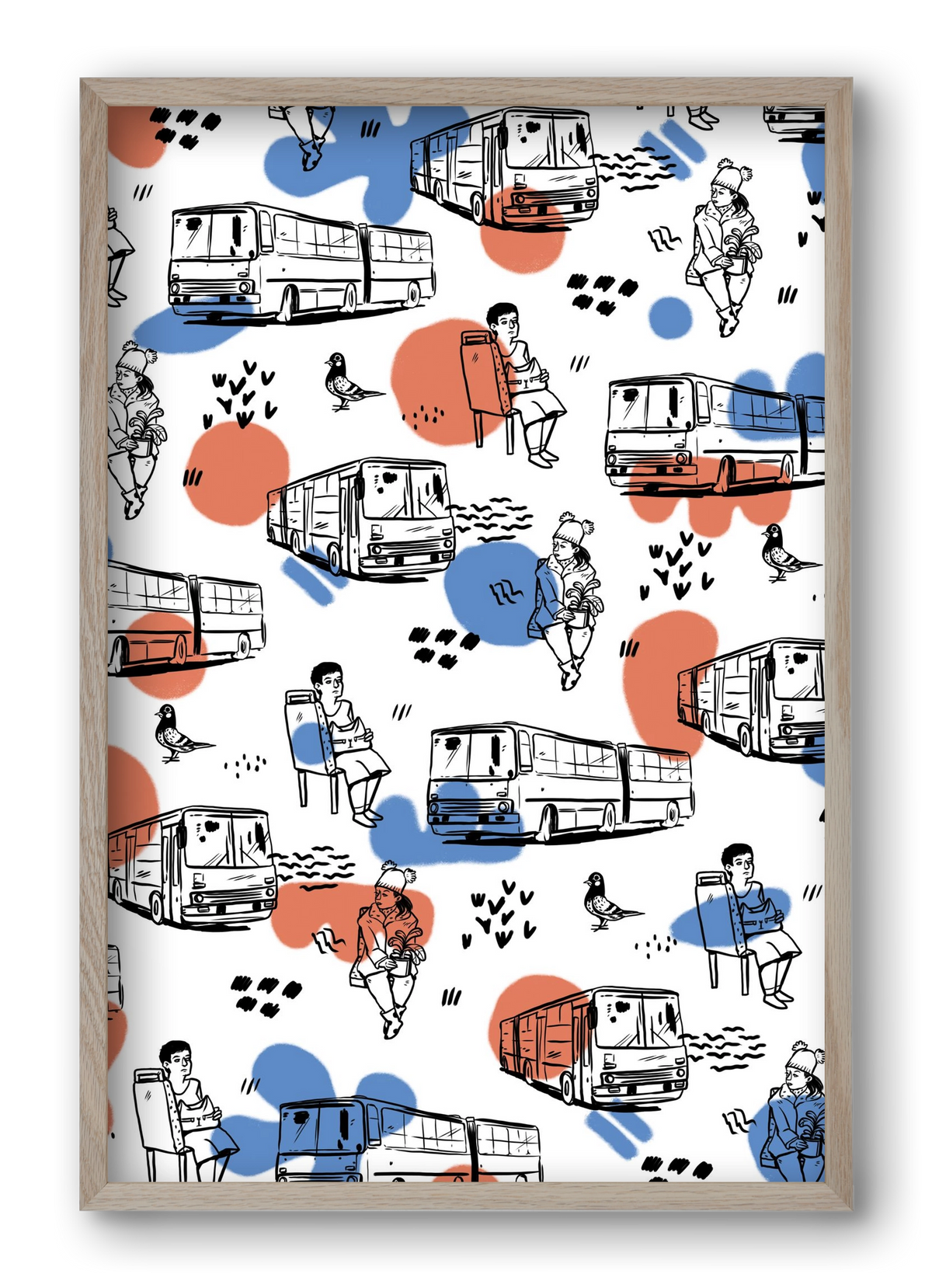 Busz pattern kék-piros, 40x60 cm (40x60 cm), Tölgy keret