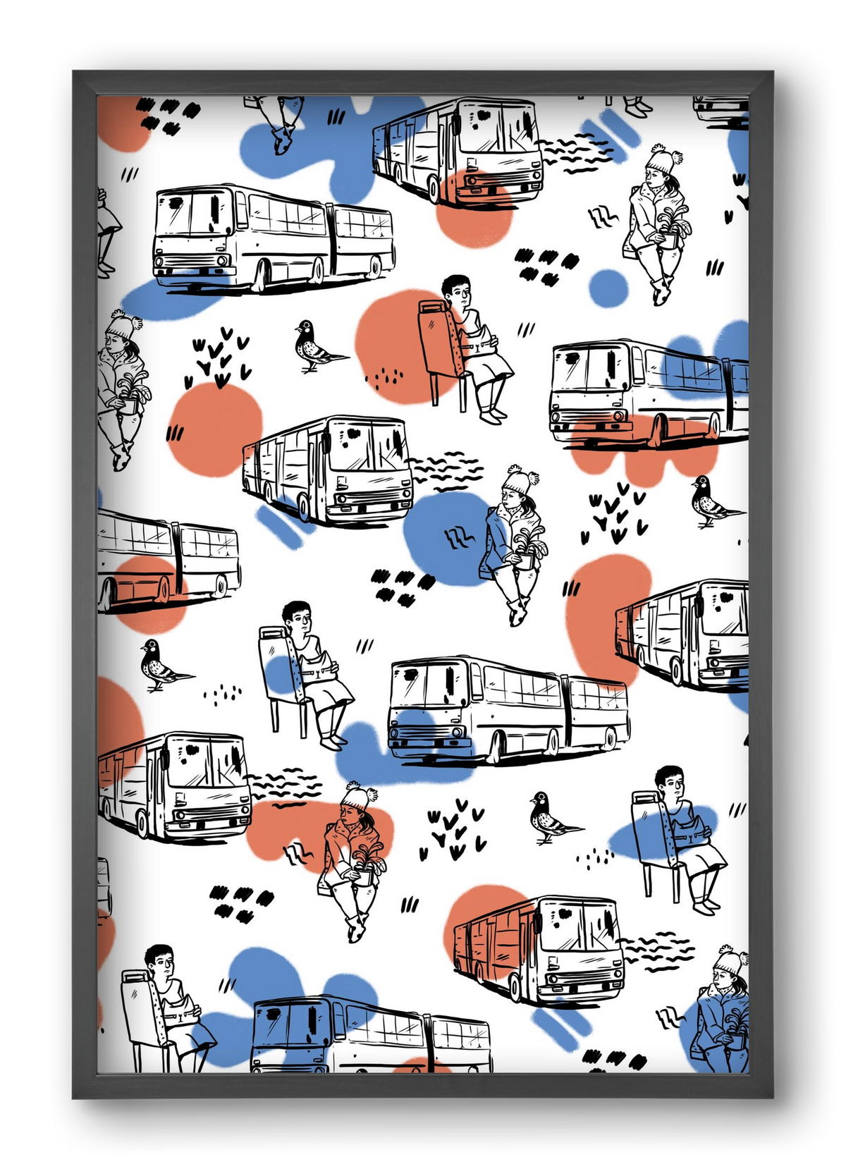Busz pattern kék-piros, 40x60 cm (40x60 cm), Fekete keret
