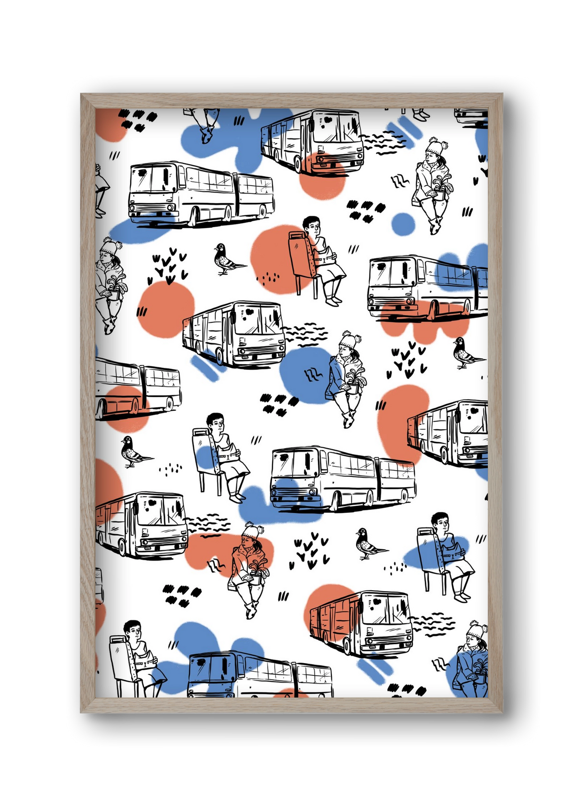 Busz pattern kék-piros, 30x45 cm (30x45 cm), Tölgy keret