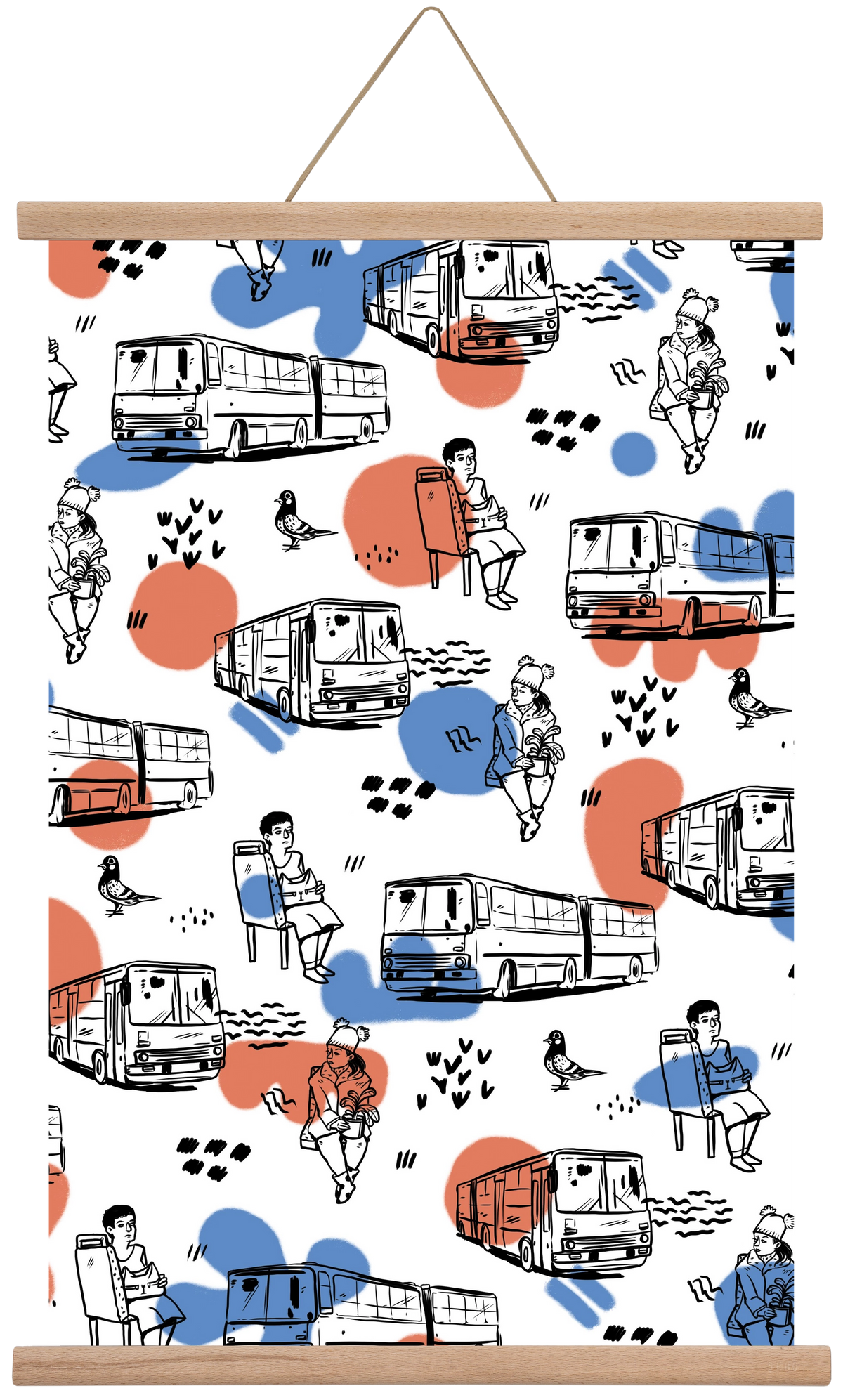 Busz pattern kék-piros, 40x60 cm (40x60 cm), Tölgy akasztó