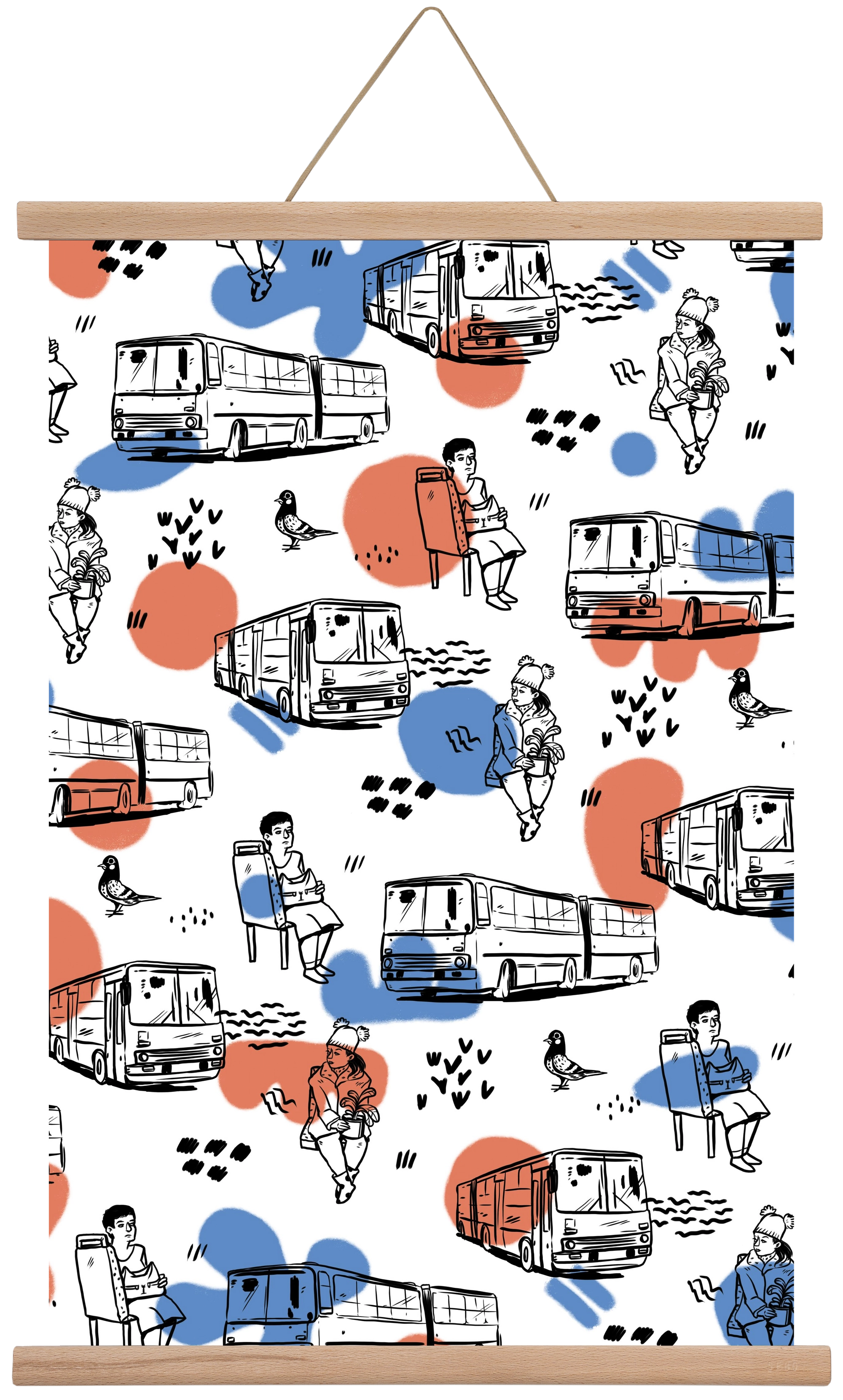 Busz pattern kék-piros, 40x60 cm (40x60 cm), Tölgy akasztó