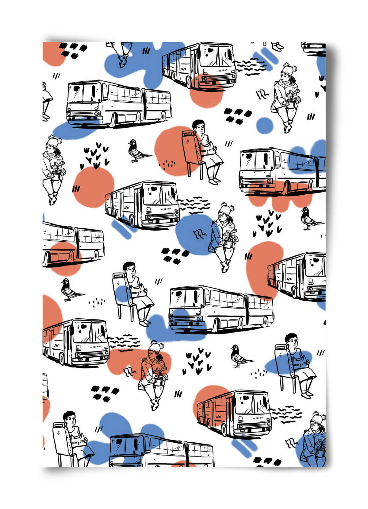 Busz pattern kék-piros, 40x60 cm, Keret nélkül