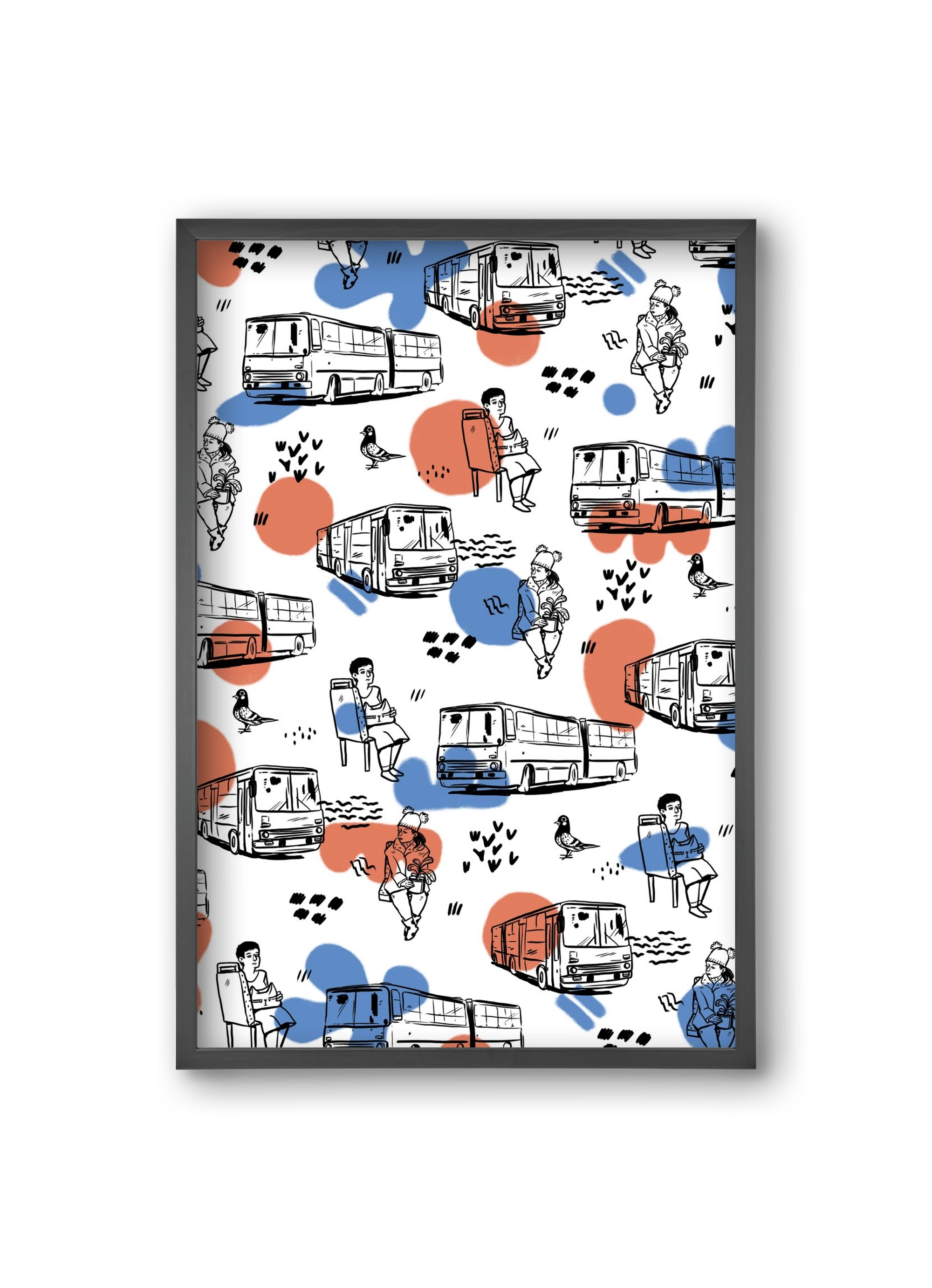 Busz pattern kék-piros, 20x30 cm (20x30 cm), Fekete keret