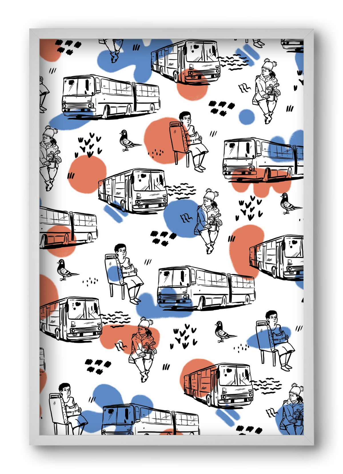 Busz pattern kék-piros, 40x60 cm (40x60 cm), Fehér keret