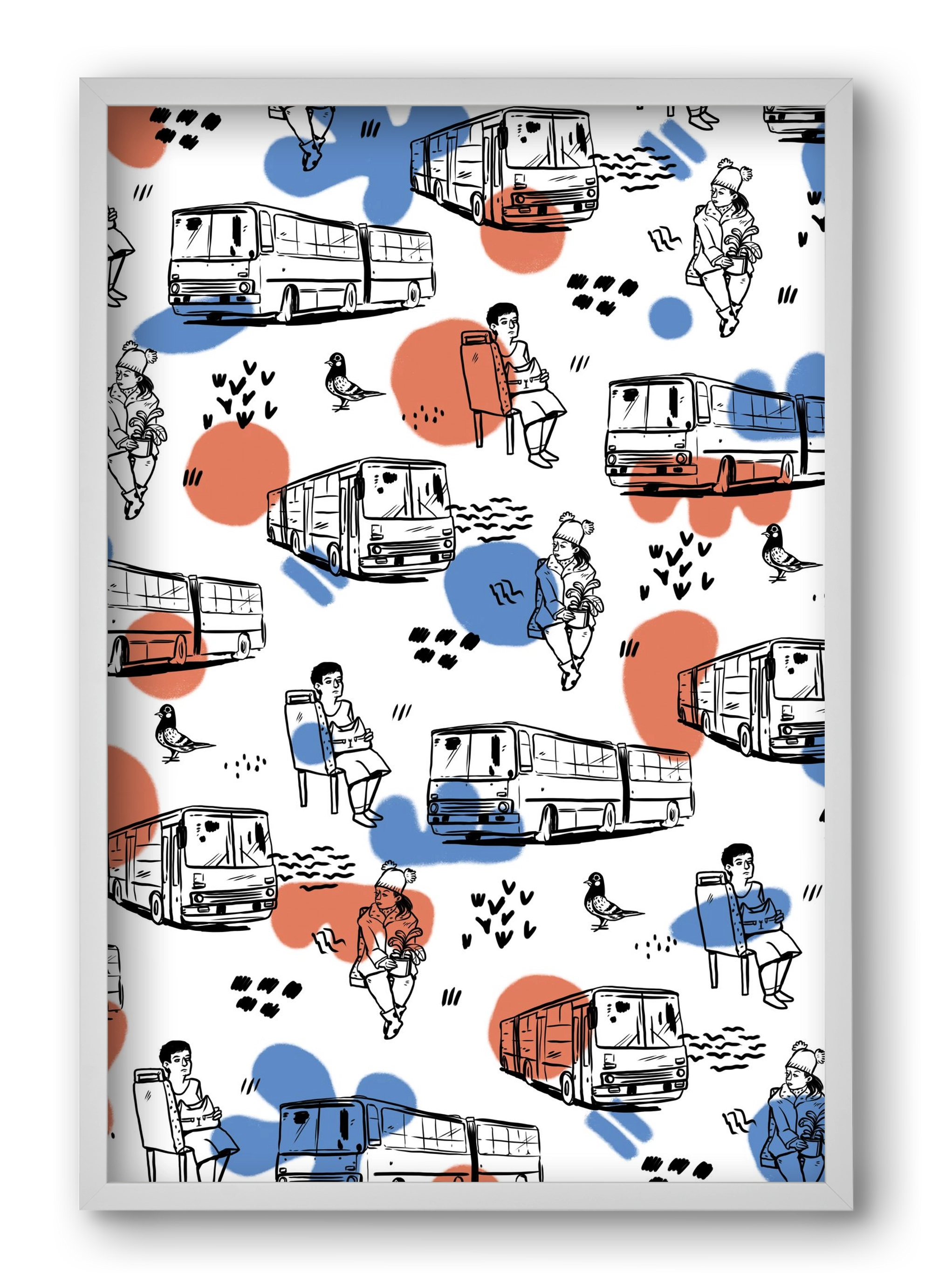 Busz pattern kék-piros, 40x60 cm (40x60 cm), Fehér keret