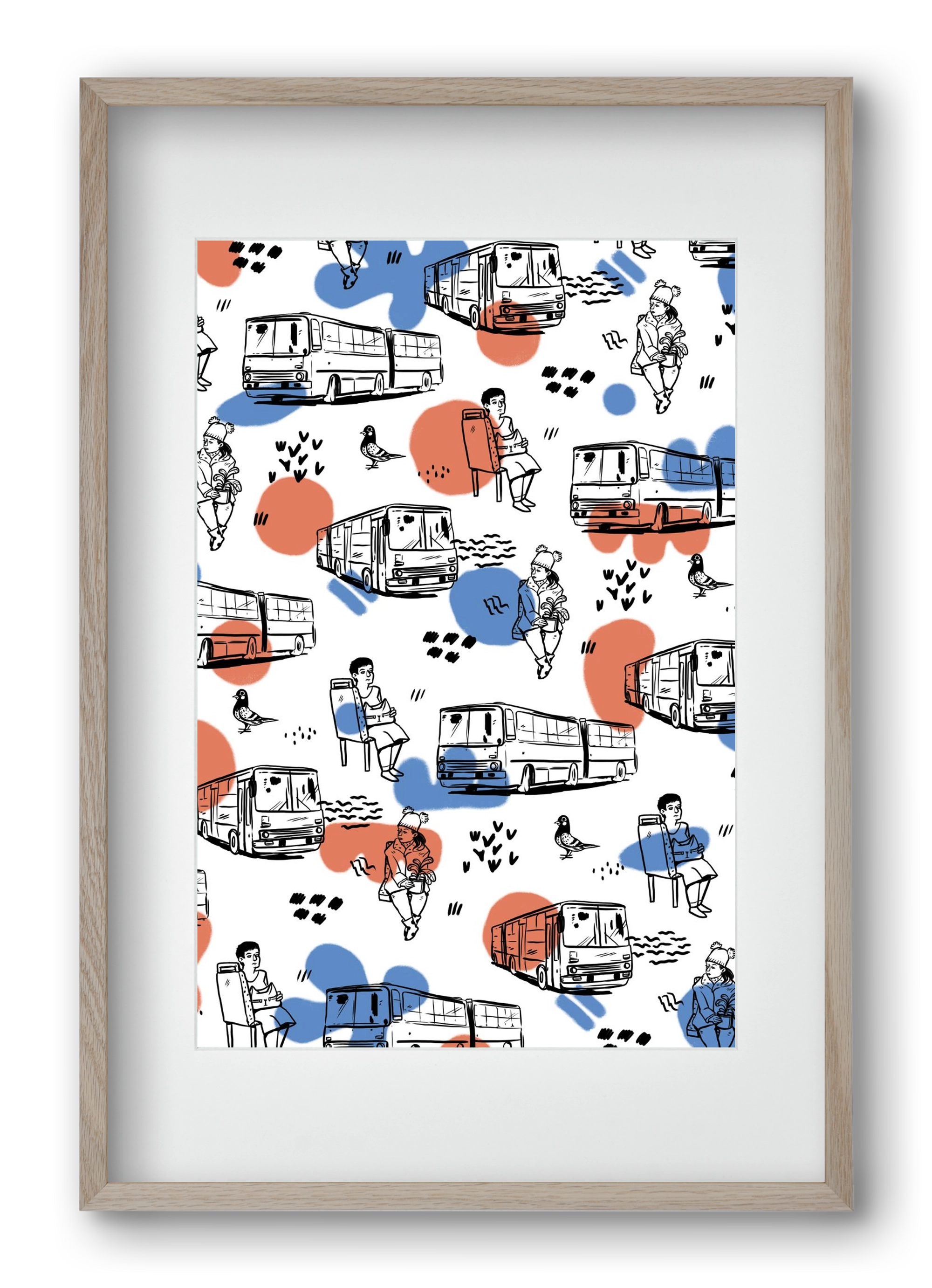 Busz pattern kék-piros, 40x60 cm (30x45 cm), Tölgy keret, paszpartuval