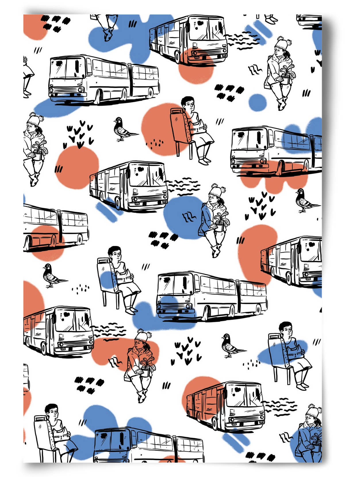 Busz pattern kék-piros, 60x90 cm, Keret nélkül