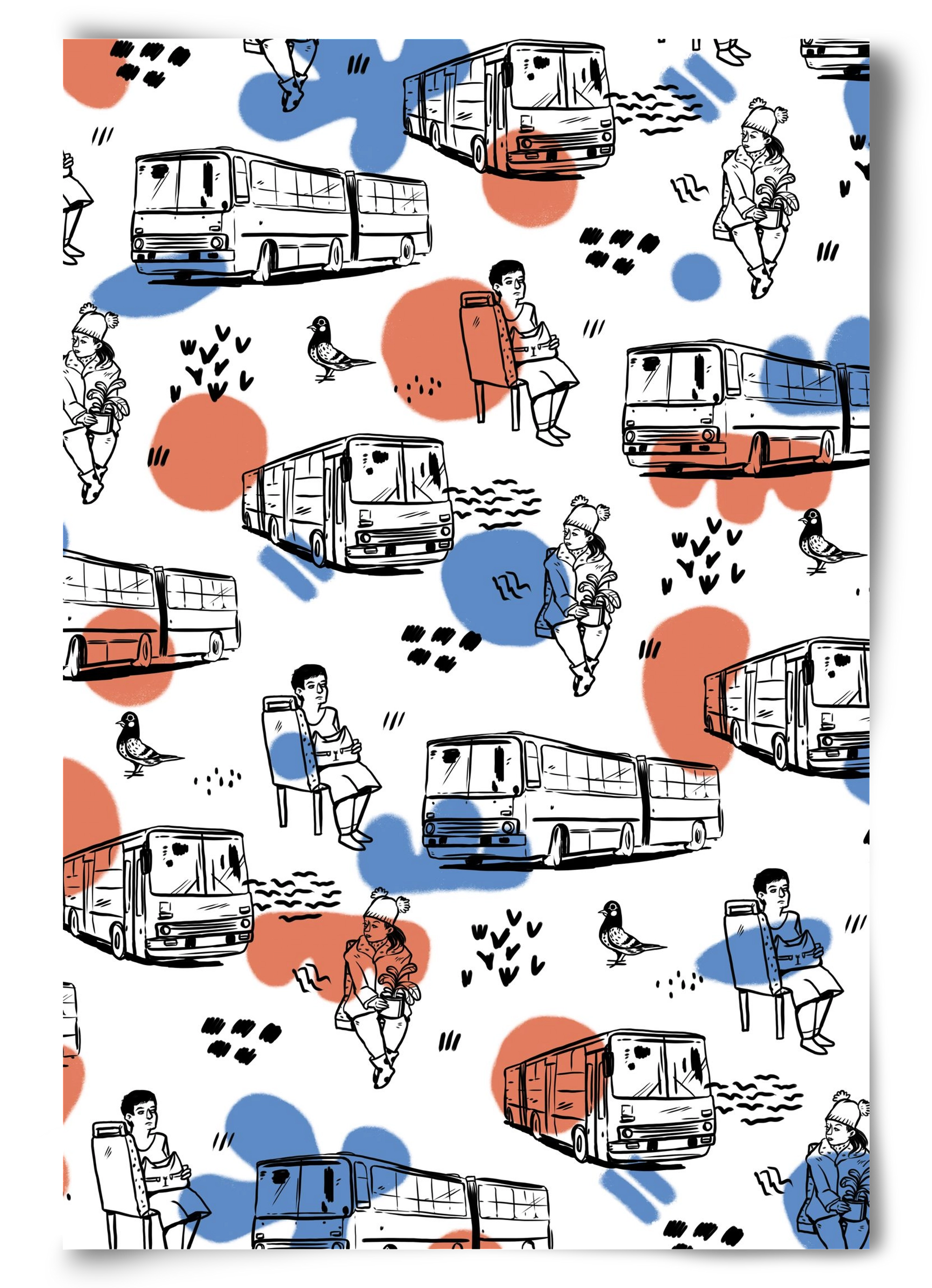 Busz pattern kék-piros, 60x90 cm, Keret nélkül