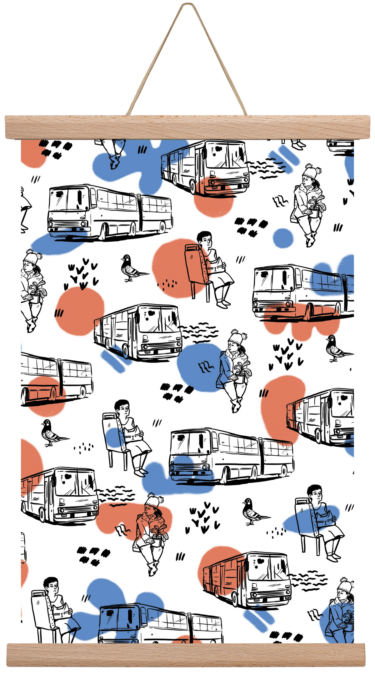 Busz pattern kék-piros, 30x45 cm (30x45 cm), Tölgy akasztó
