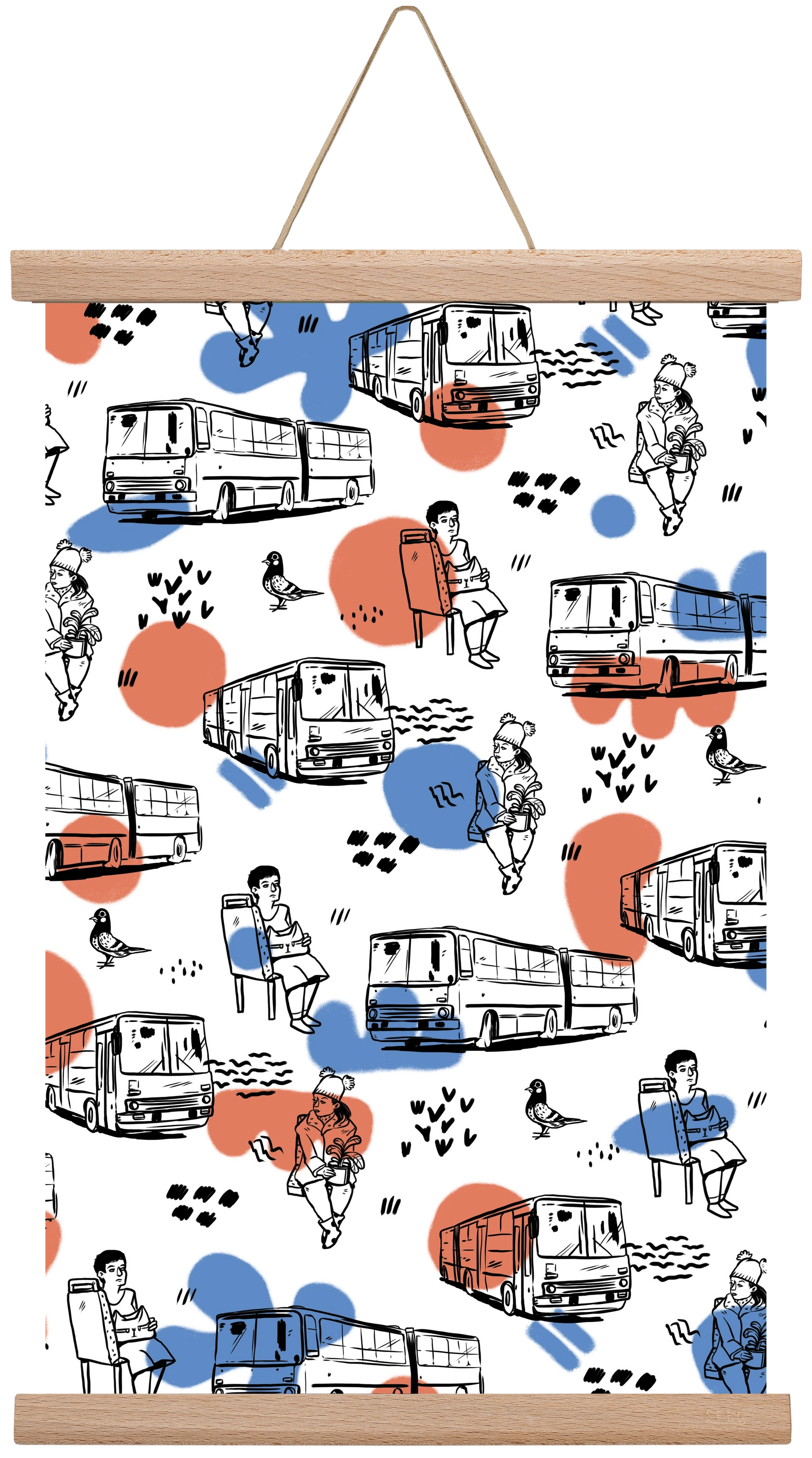 Busz pattern kék-piros, 30x45 cm (30x45 cm), Tölgy akasztó