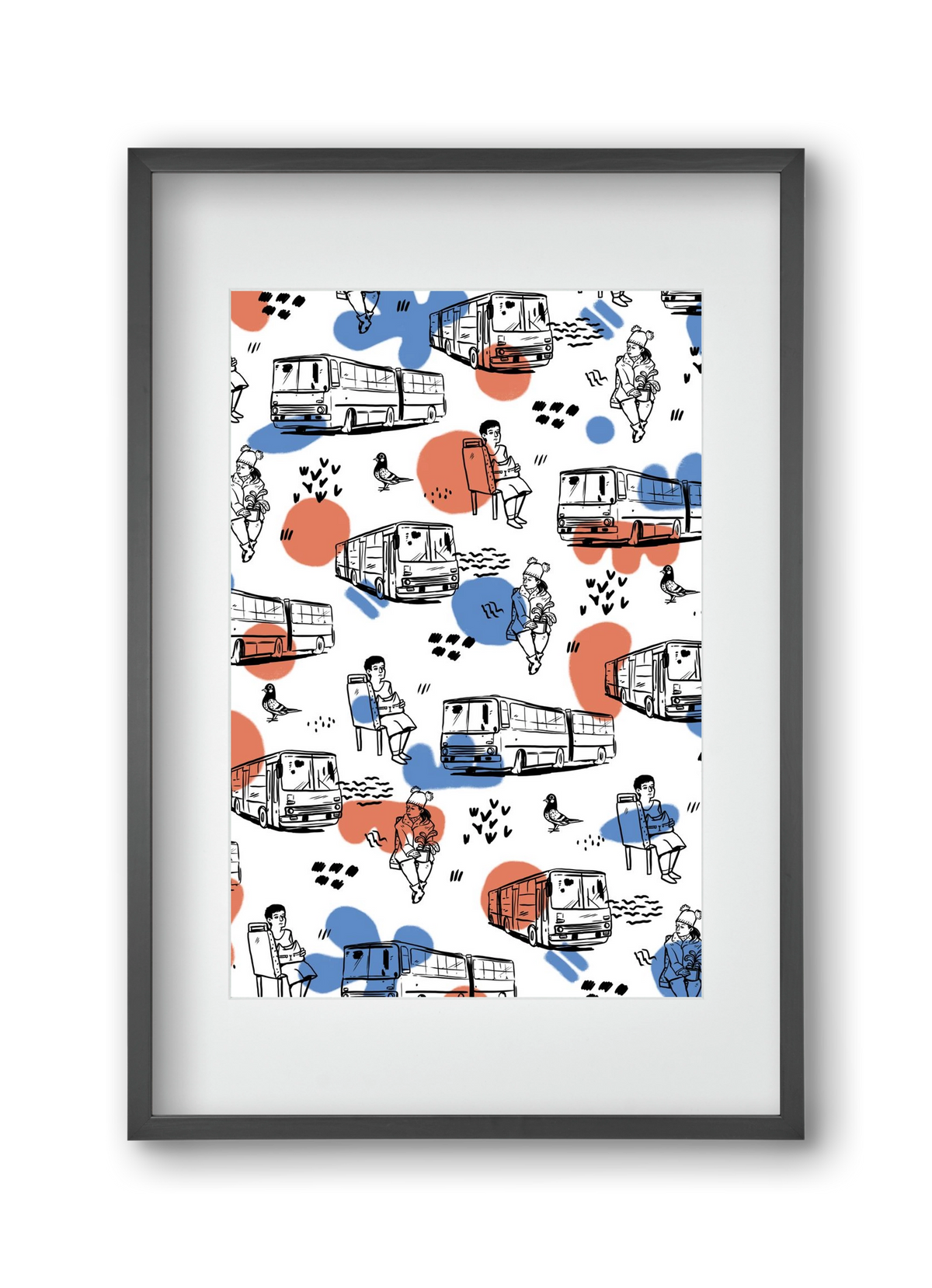 Busz pattern kék-piros, 30x45 cm (20x30 cm), Fekete keret, paszpartuval