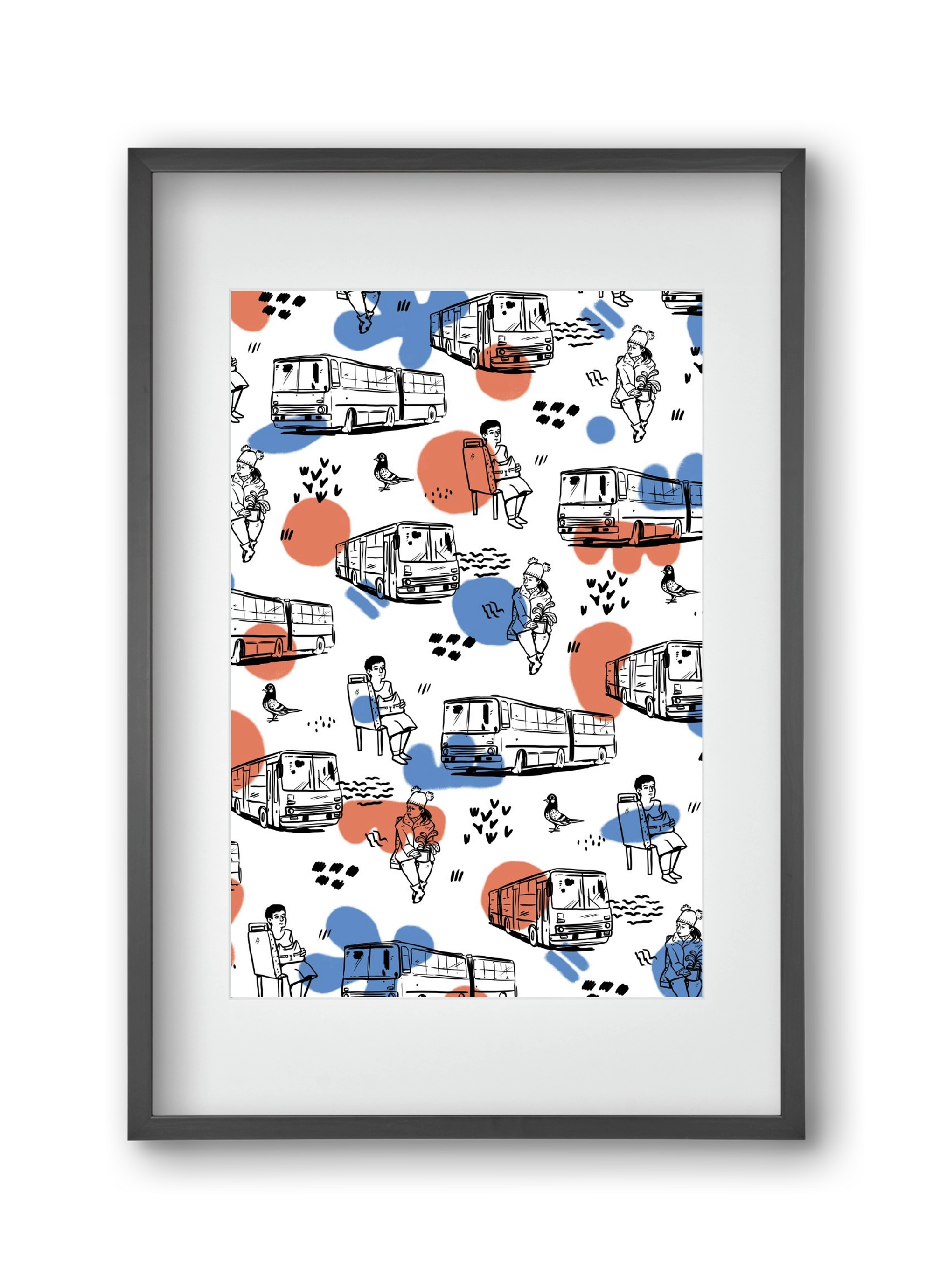 Busz pattern kék-piros, 30x45 cm (20x30 cm), Fekete keret, paszpartuval