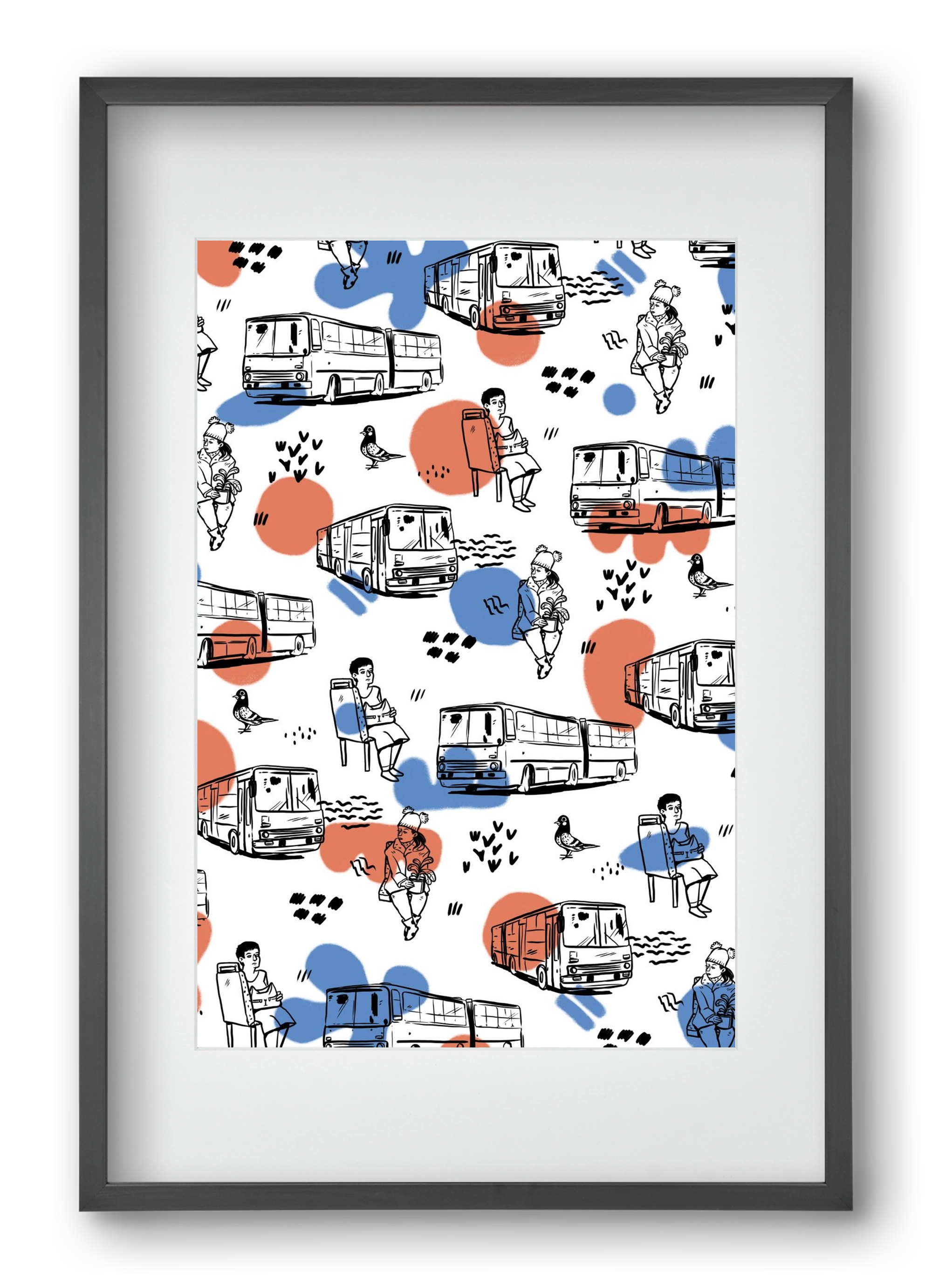 Busz pattern kék-piros, 40x60 cm (30x45 cm), Fekete keret, paszpartuval