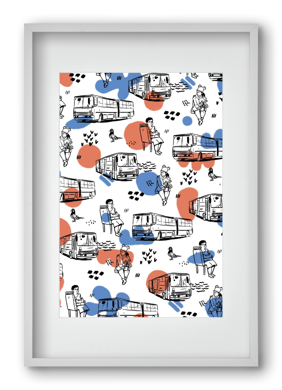 Busz pattern kék-piros, 40x60 cm (30x45 cm), Fehér keret, paszpartuval