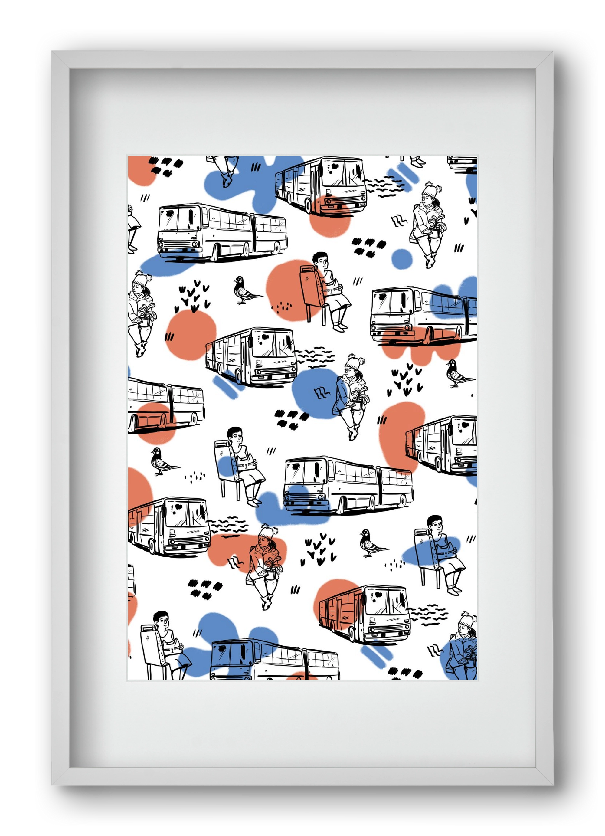 Busz pattern kék-piros, 40x60 cm (30x45 cm), Fehér keret, paszpartuval