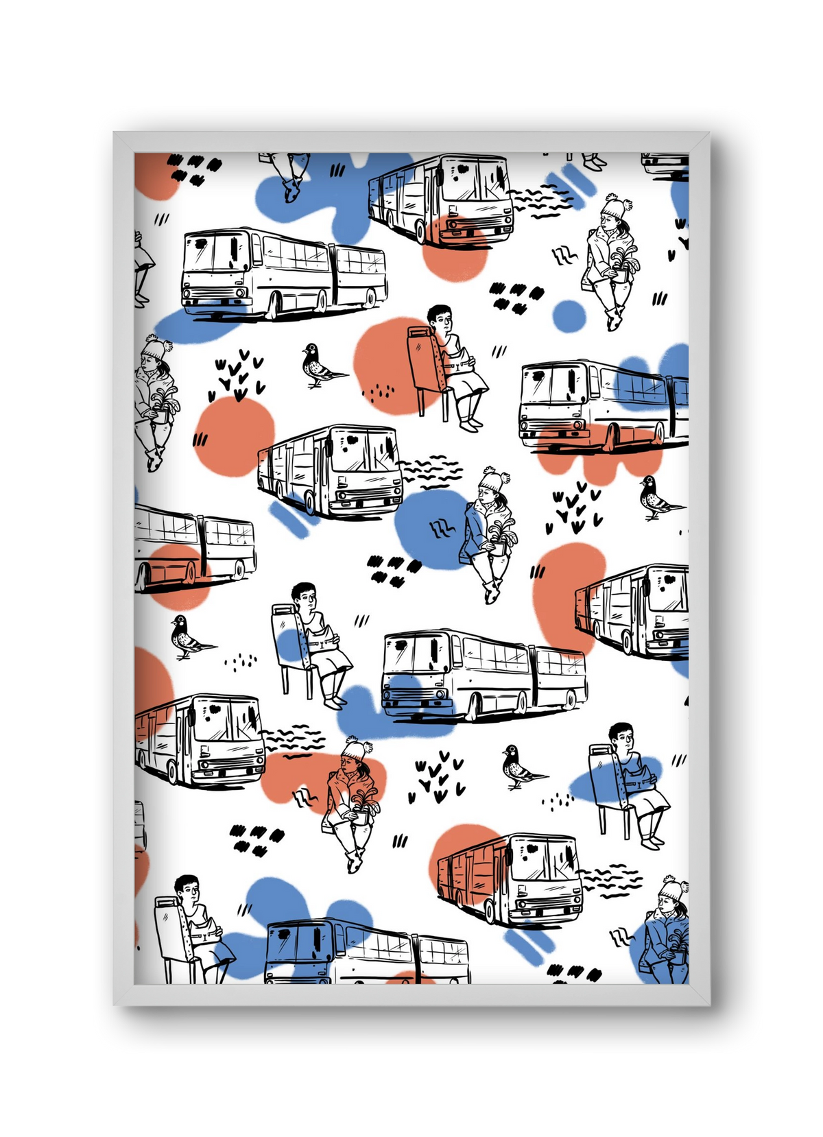 Busz pattern kék-piros, 30x45 cm (30x45 cm), Fehér keret