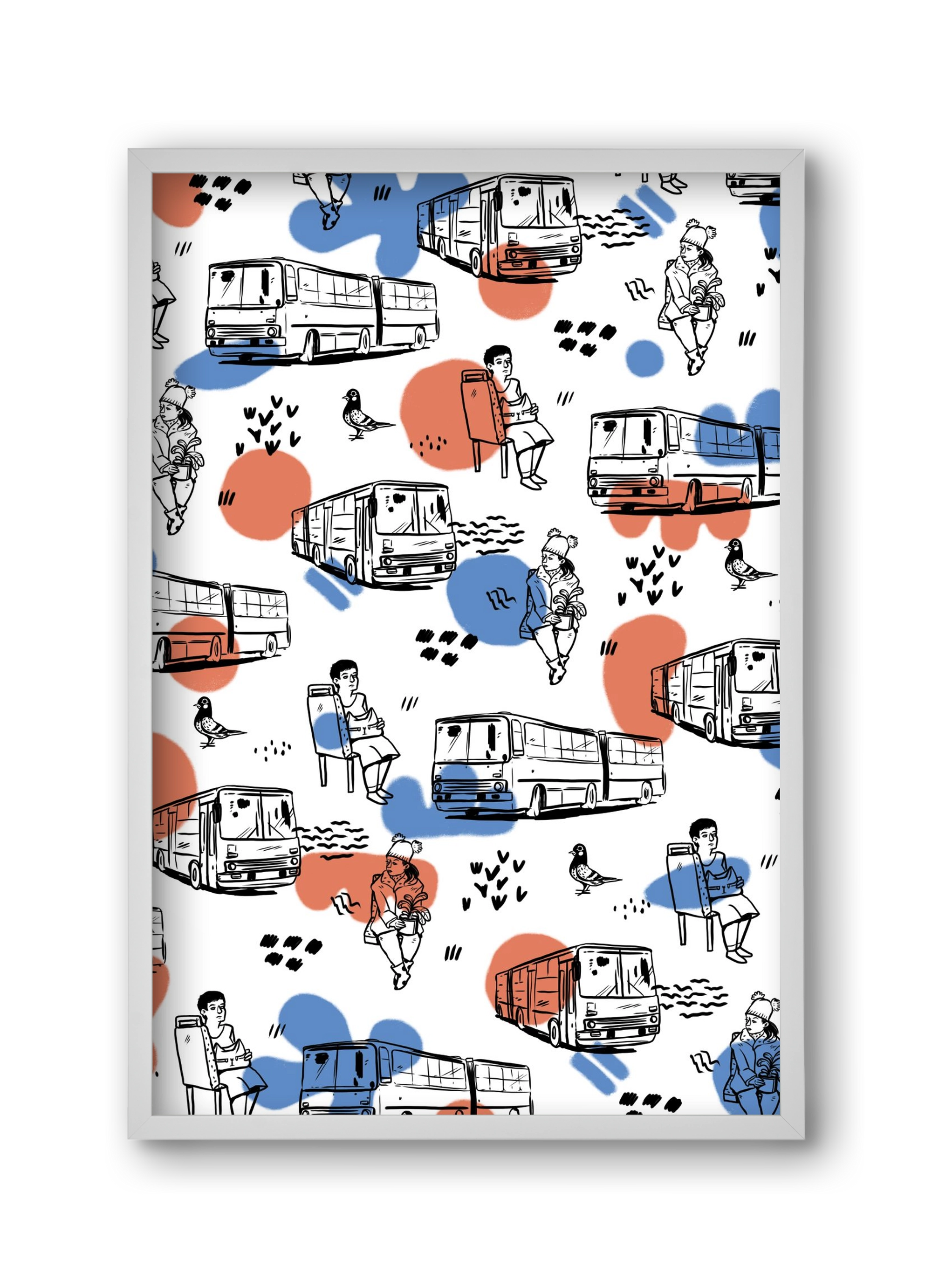 Busz pattern kék-piros, 30x45 cm (30x45 cm), Fehér keret