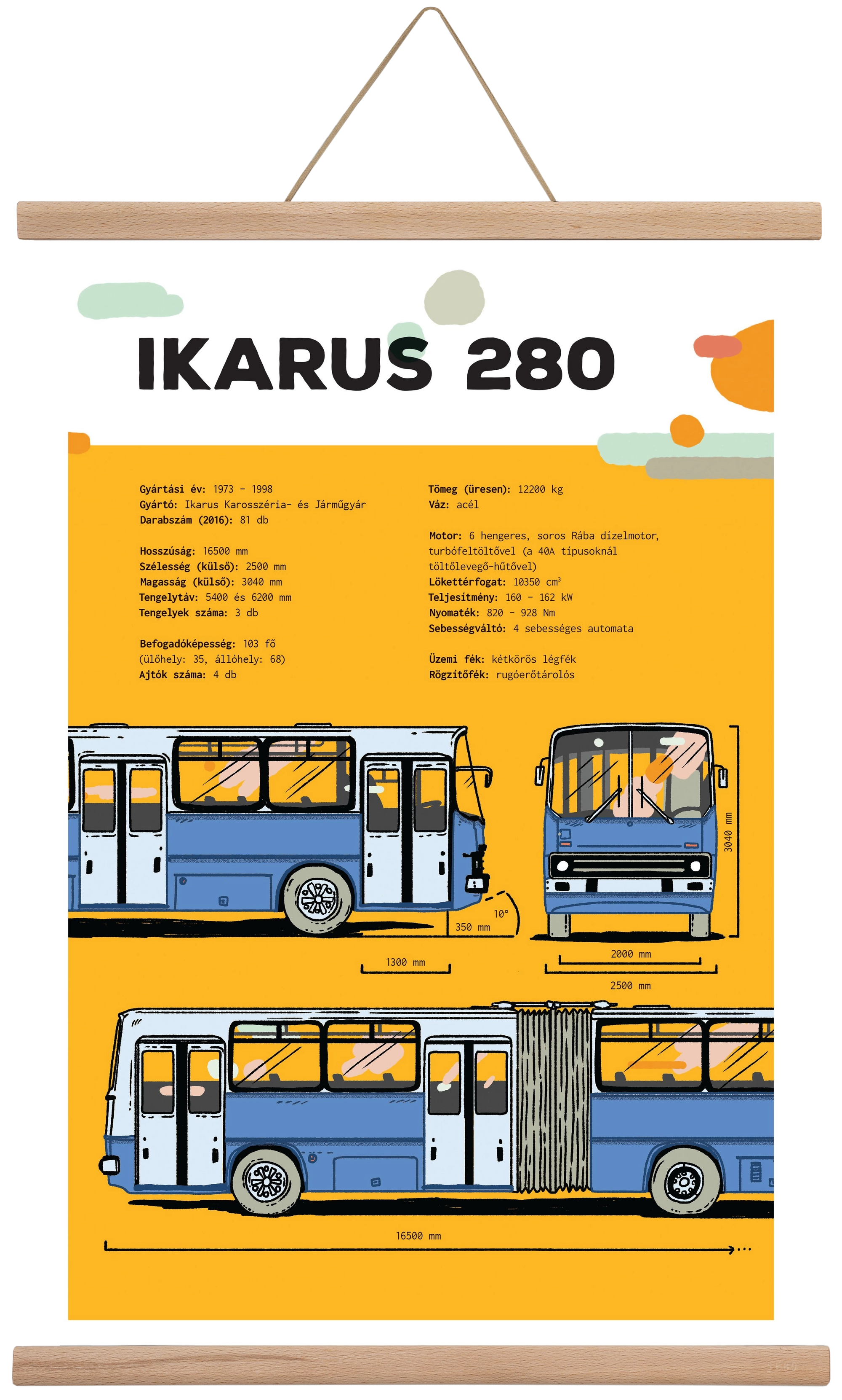 Ikarus 280 jellegrajz, 40x60 cm (40x60 cm), Tölgy akasztó