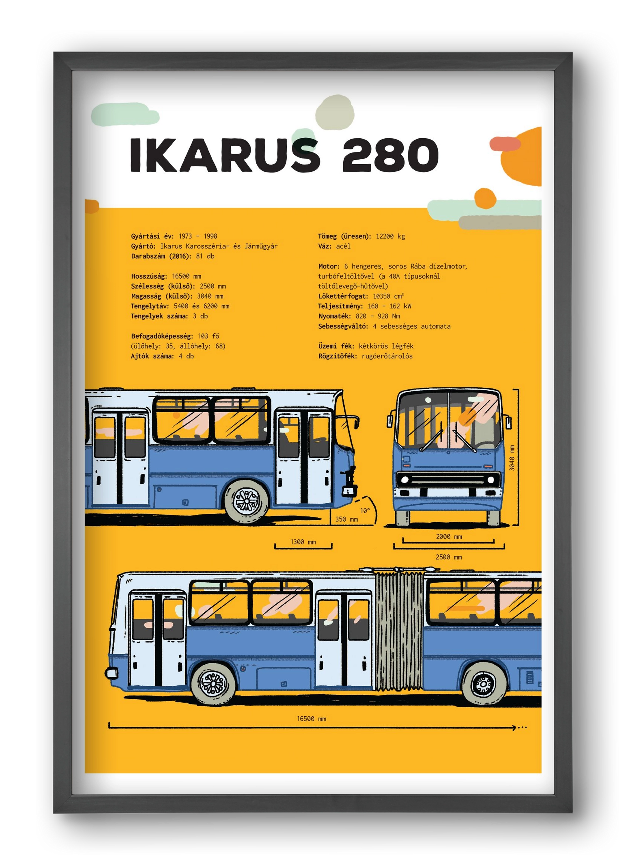 Ikarus 280 jellegrajz, 40x60 cm (40x60 cm), Fekete keret