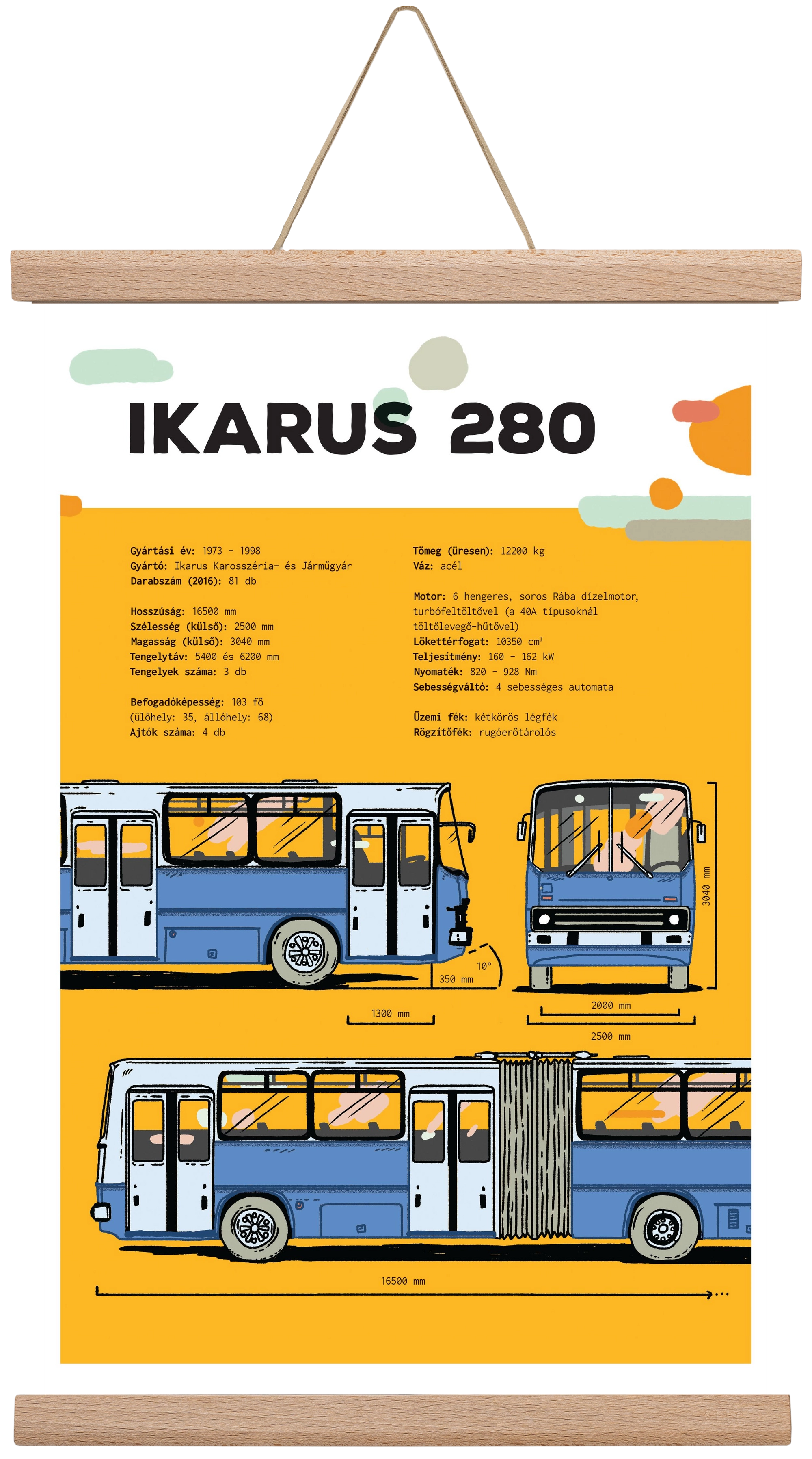 Ikarus 280 jellegrajz, 30x45 cm (30x45 cm), Tölgy akasztó