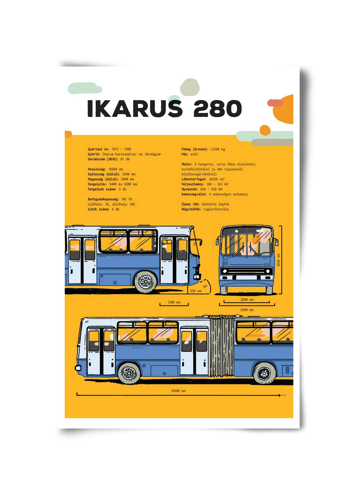 Ikarus 280 jellegrajz, 30x45 cm, Keret nélkül