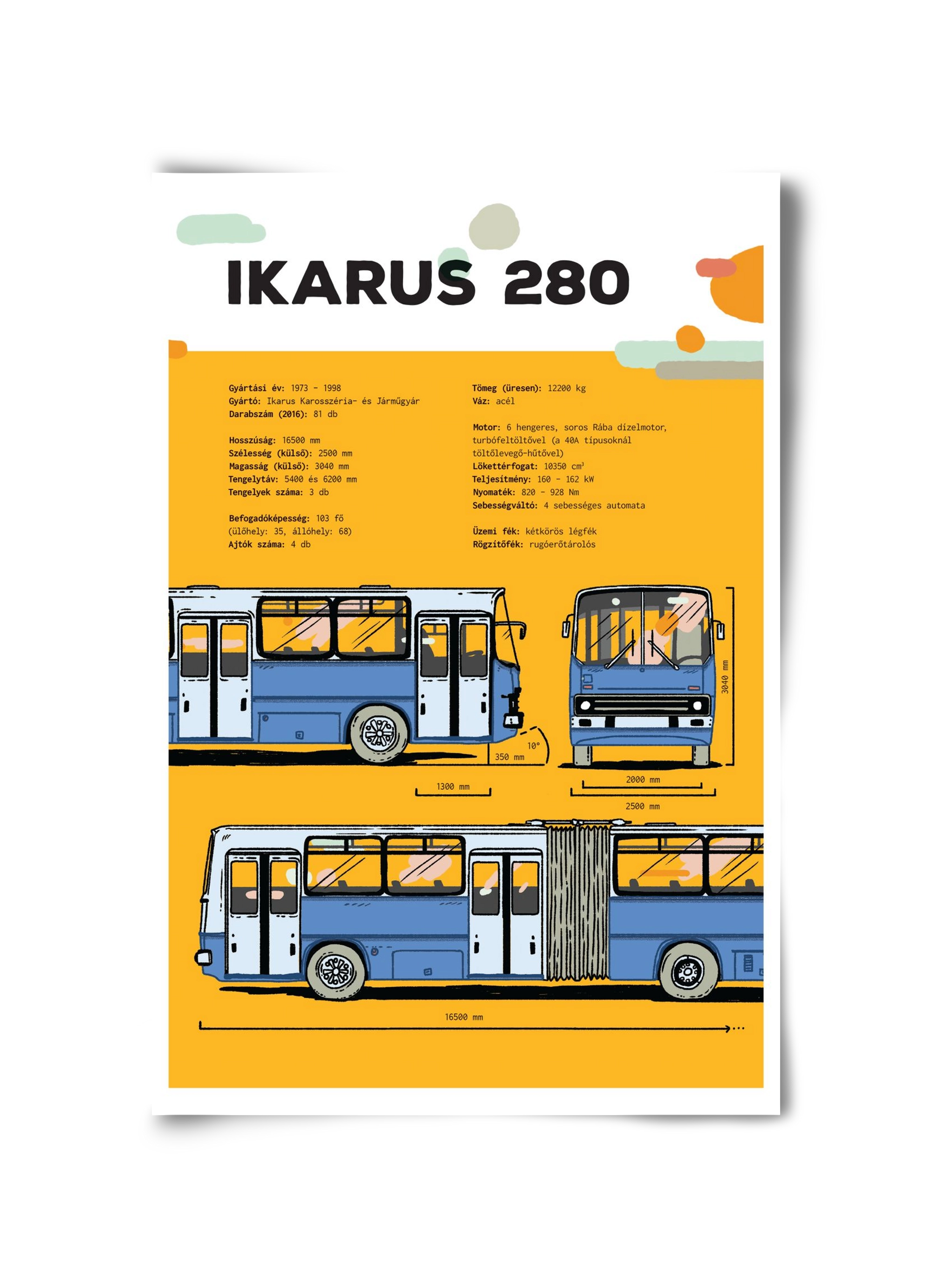 Ikarus 280 jellegrajz, 30x45 cm, Keret nélkül