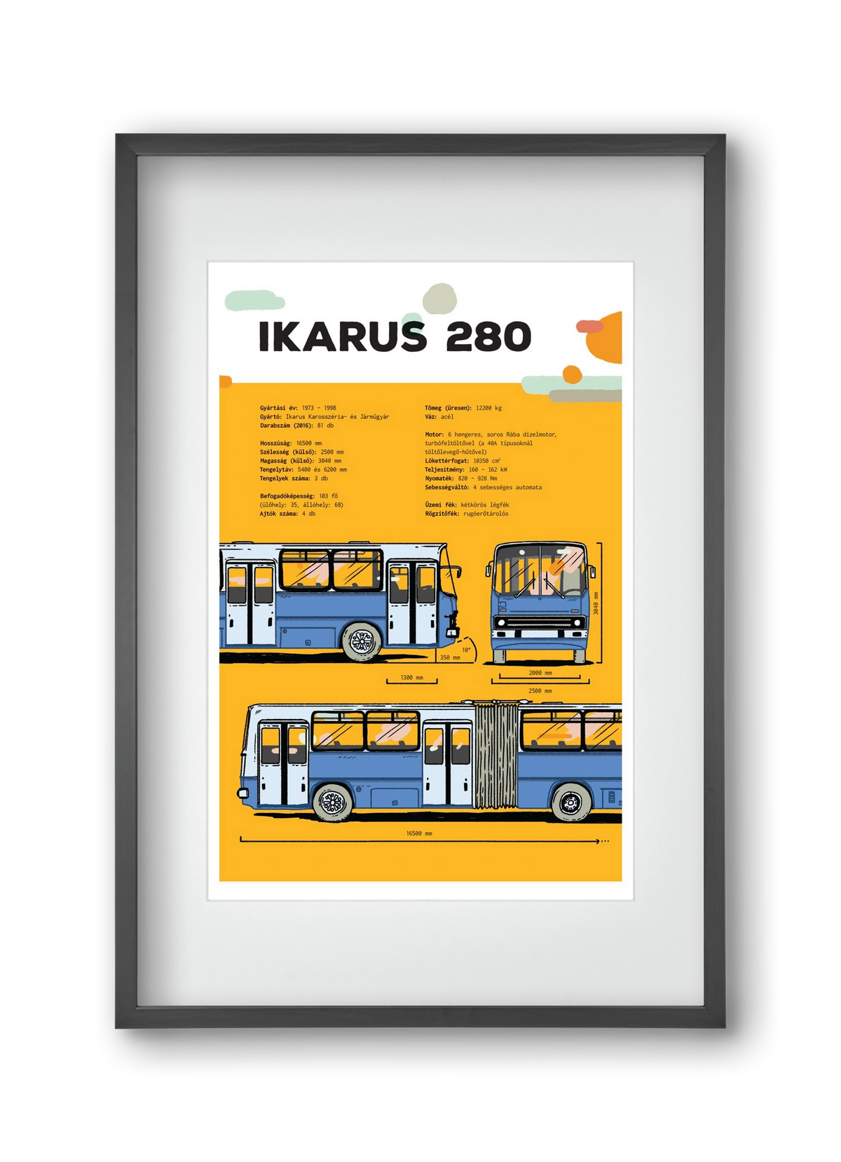 Ikarus 280 jellegrajz, 30x45 cm (20x30 cm), Fekete keret, paszpartuval