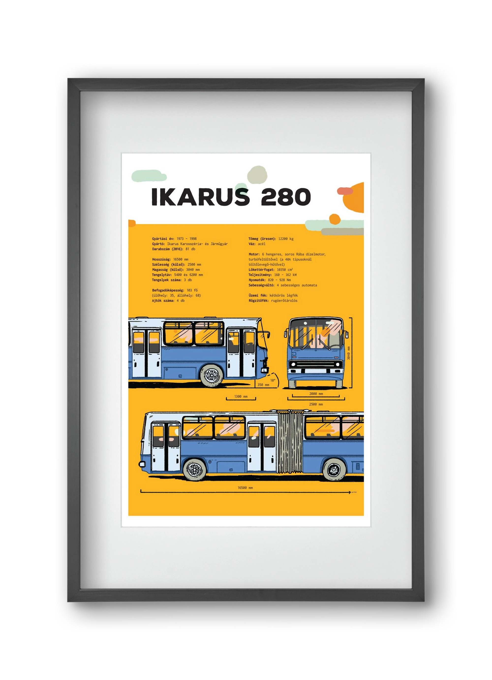 Ikarus 280 jellegrajz, 30x45 cm (20x30 cm), Fekete keret, paszpartuval