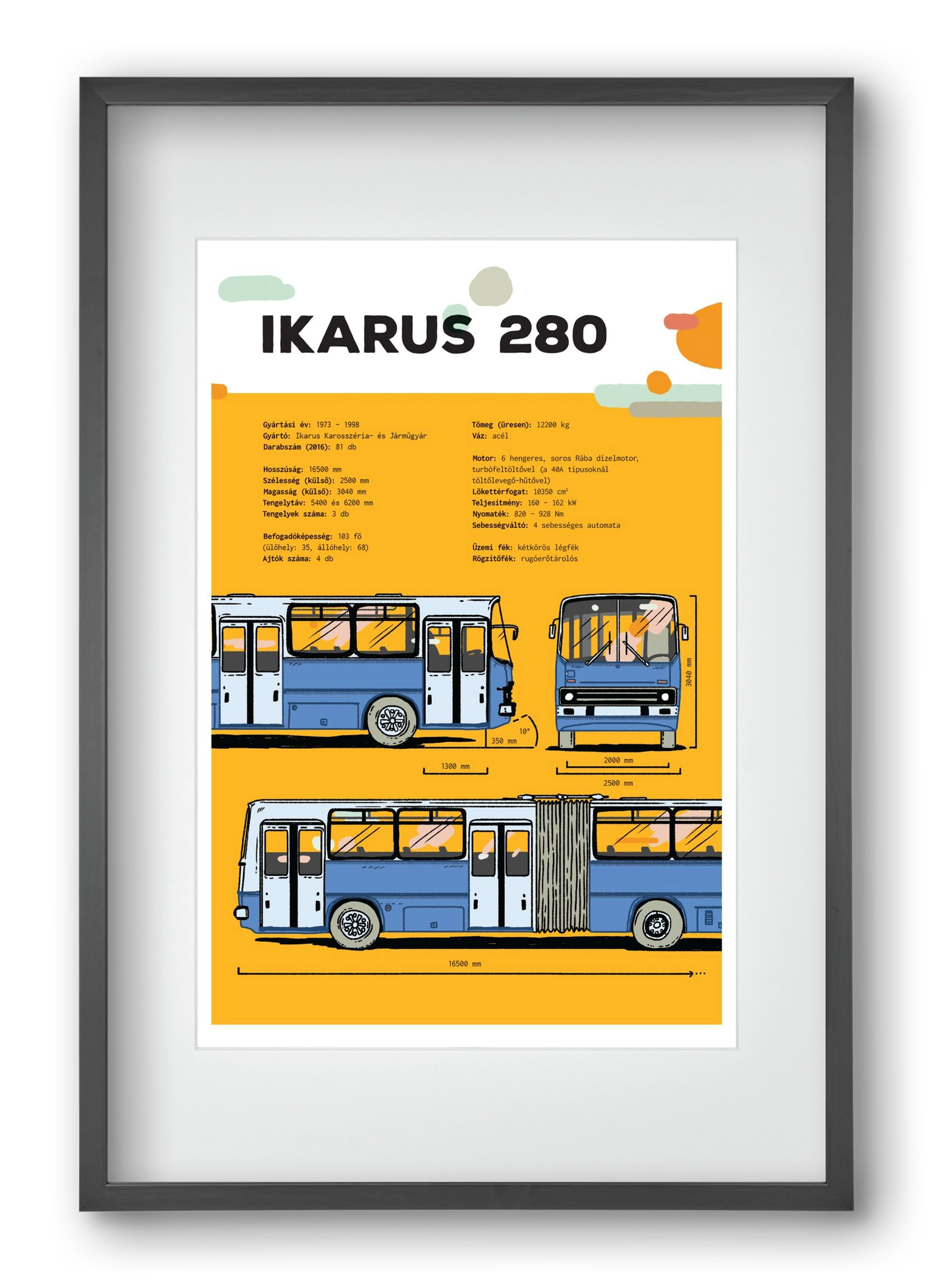 Ikarus 280 jellegrajz, 40x60 cm (30x45 cm), Fekete keret, paszpartuval